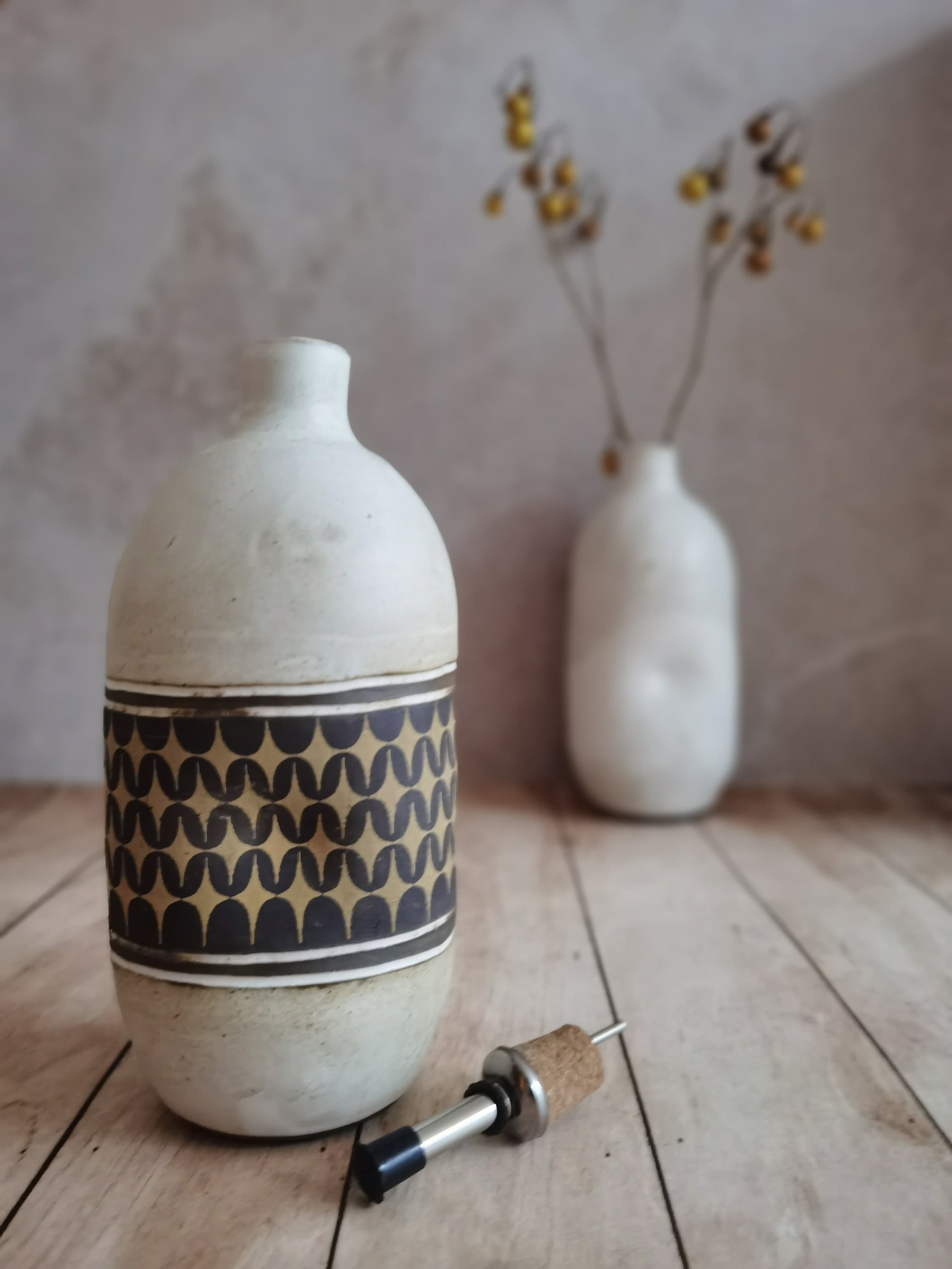 Handmade Ceramic Olive Oil Bottle: Rustic Pottery Dispenser, 30 oz