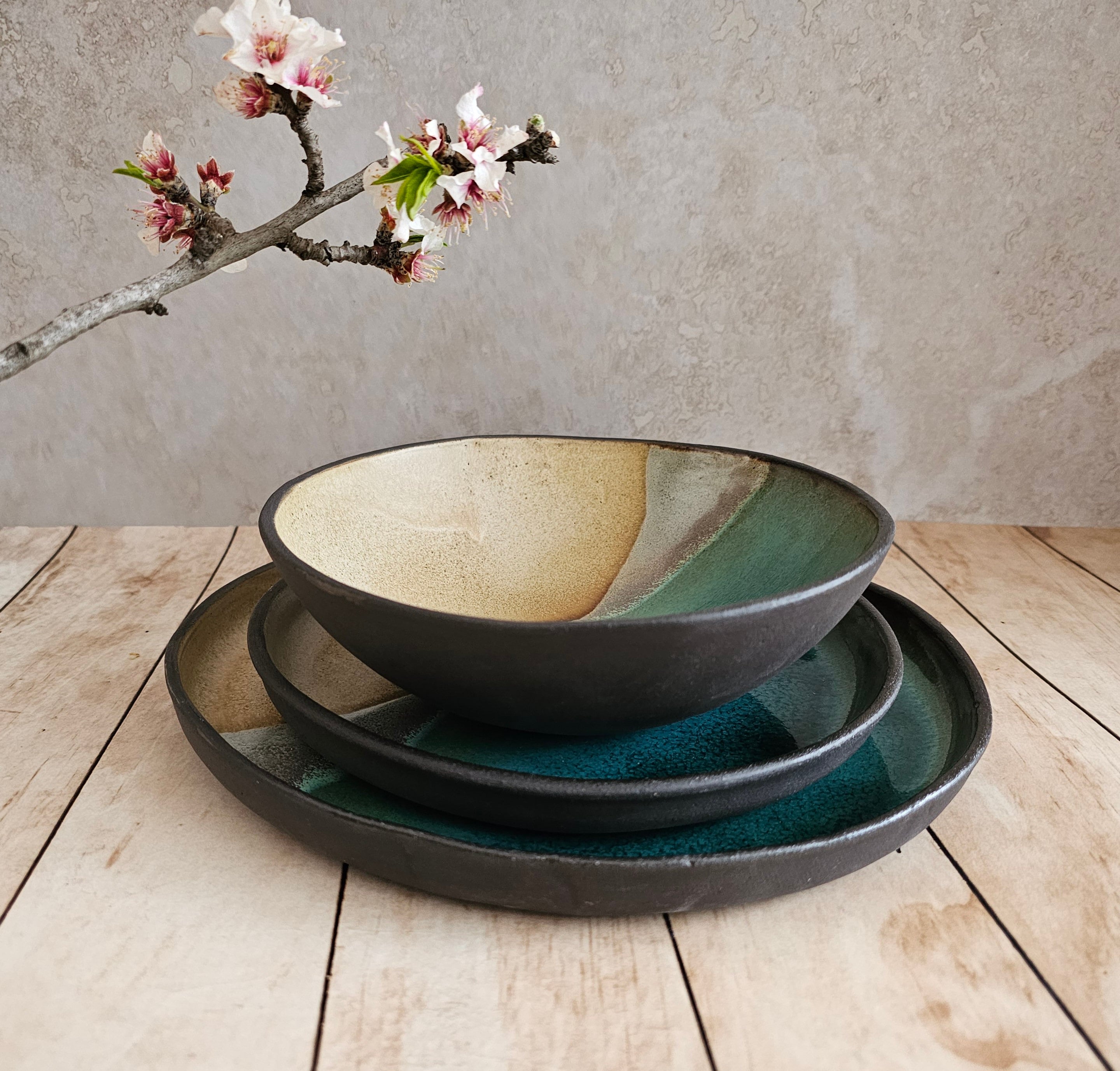 Ceramic serving dish set, Modern Ceramic Dinnerware Set, Beige and Turquoise Ceramic set, Rustic Handmade Pottery