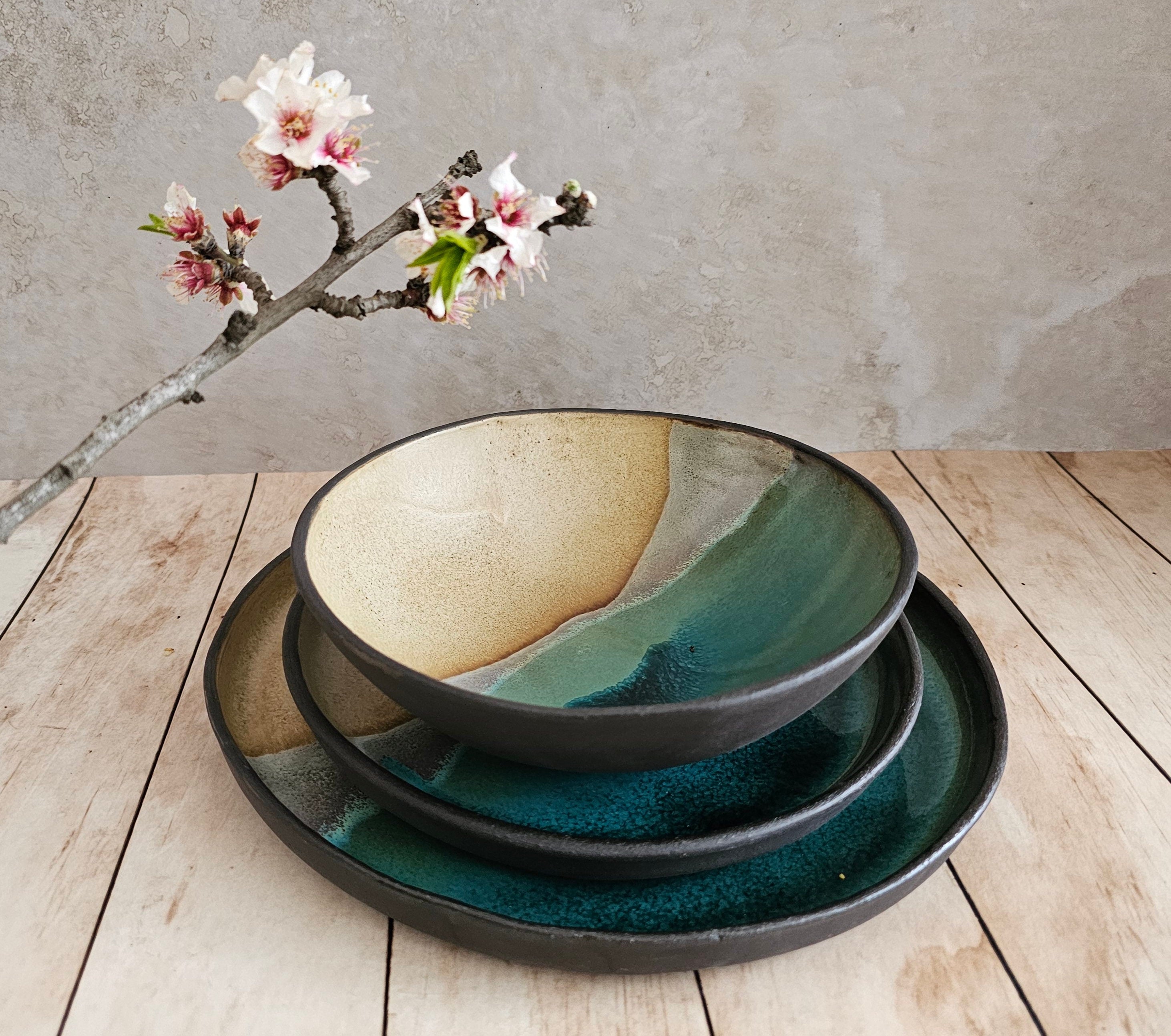 Ceramic serving dish set, Modern Ceramic Dinnerware Set, Beige and Turquoise Ceramic set, Rustic Handmade Pottery