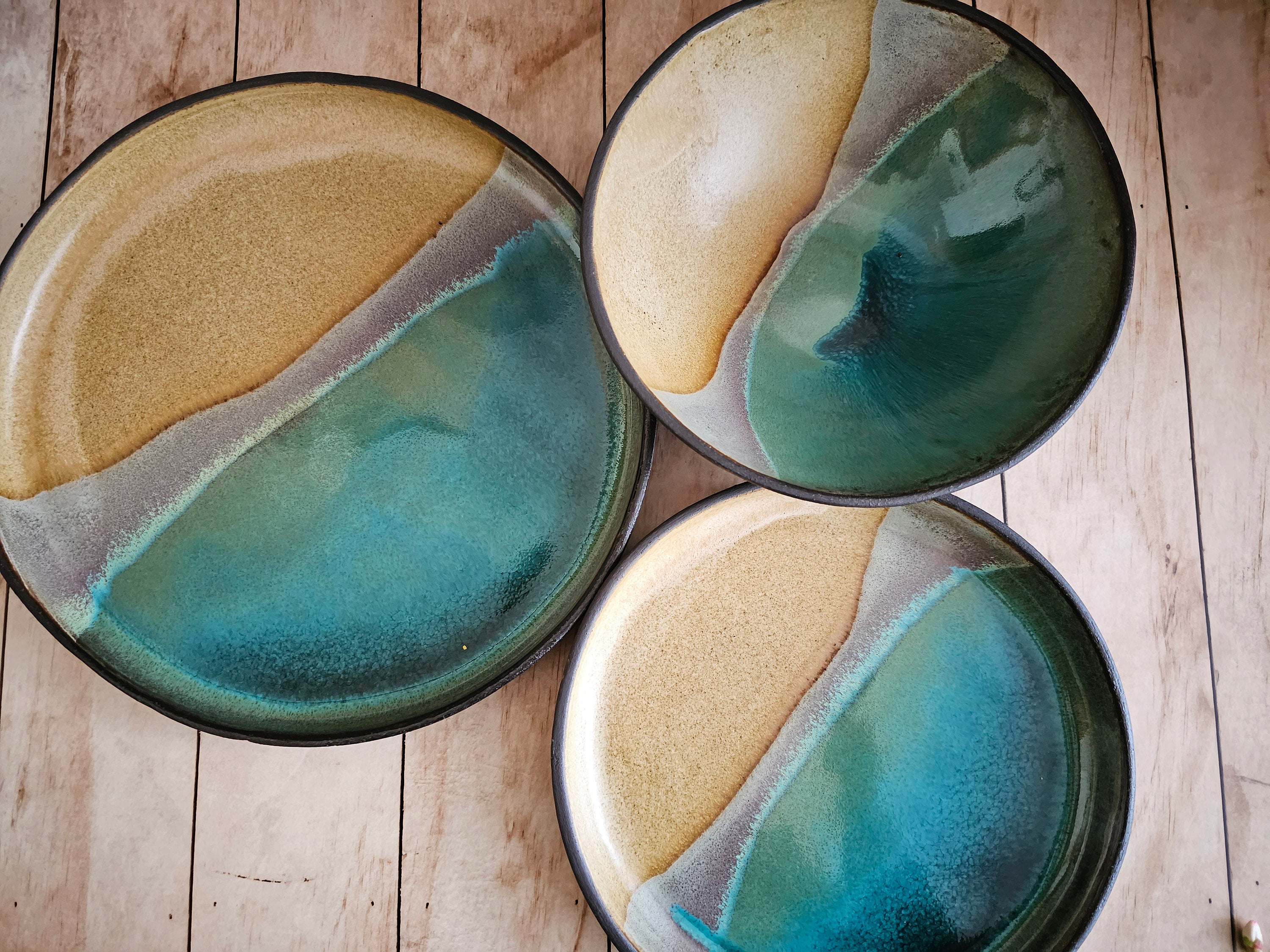 Ceramic serving dish set, Modern Ceramic Dinnerware Set, Beige and Turquoise Ceramic set, Rustic Handmade Pottery