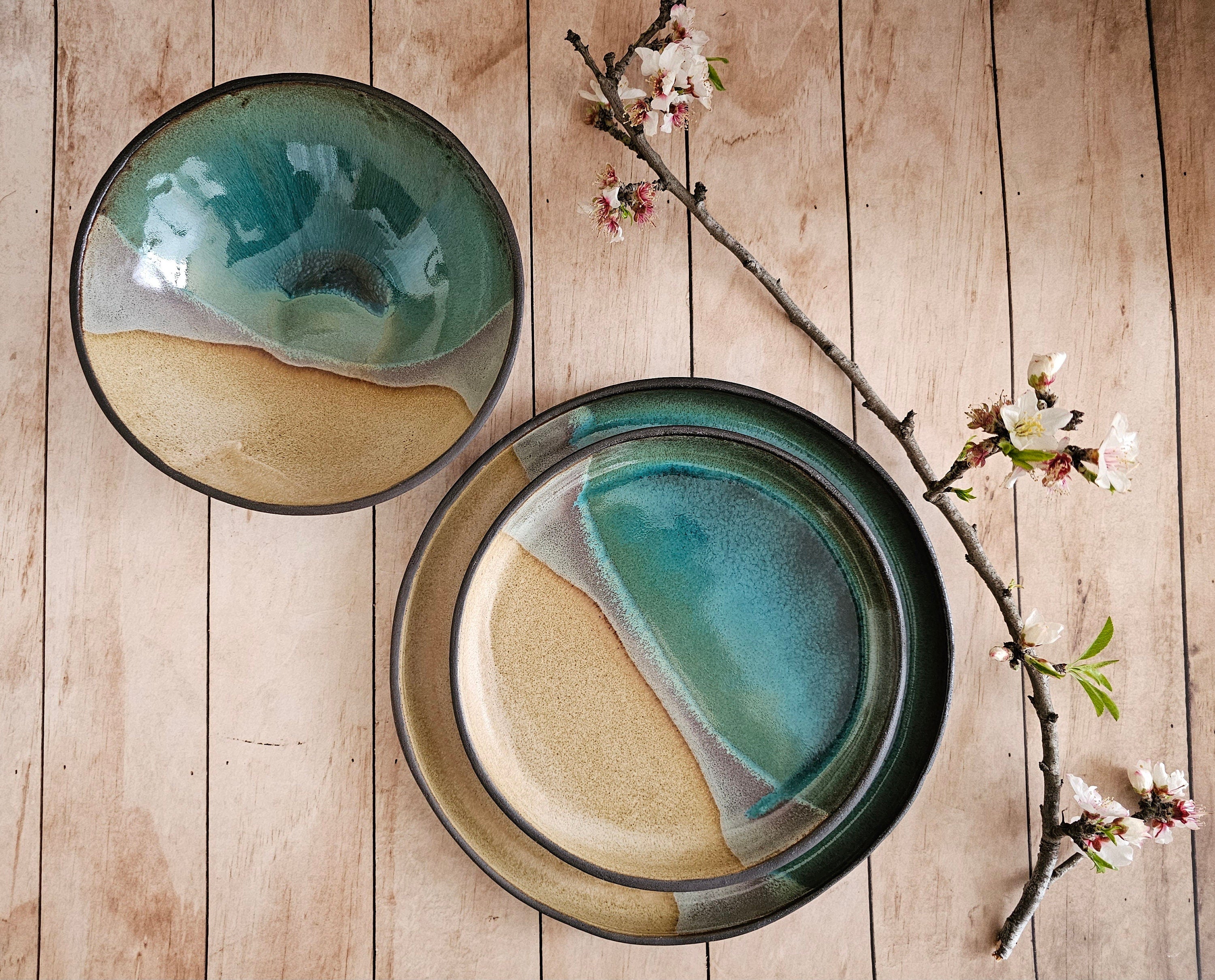 Ceramic serving dish set, Modern Ceramic Dinnerware Set, Beige and Turquoise Ceramic set, Rustic Handmade Pottery