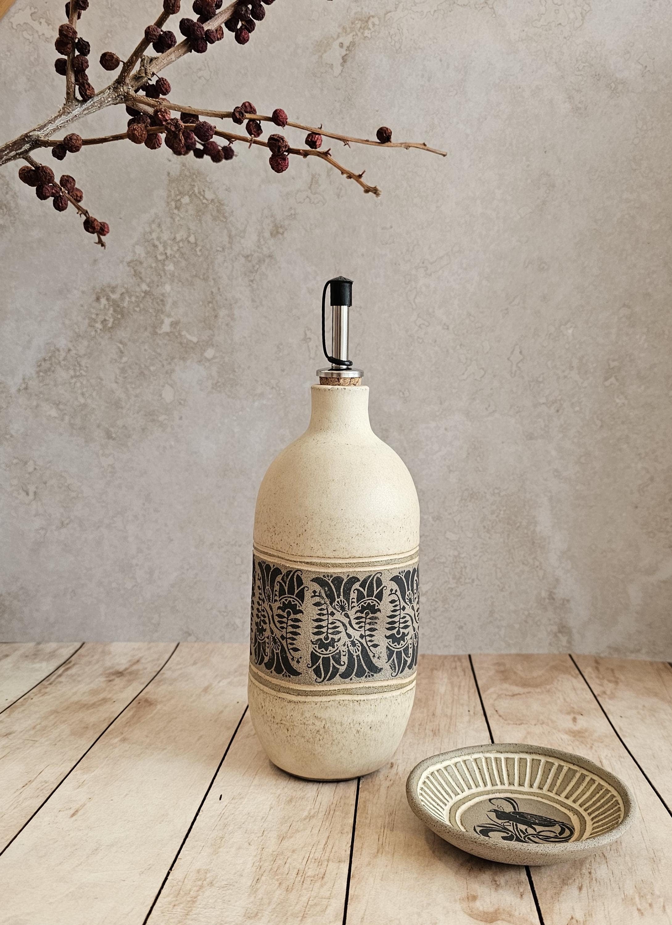 Handmade Ceramic Olive Oil Bottle: Rustic Pottery Dispenser, 30 oz