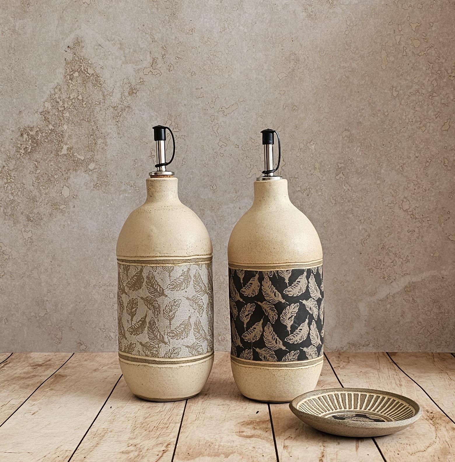 Handmade Ceramic Olive Oil Bottle: Rustic Pottery Dispenser, 30 oz