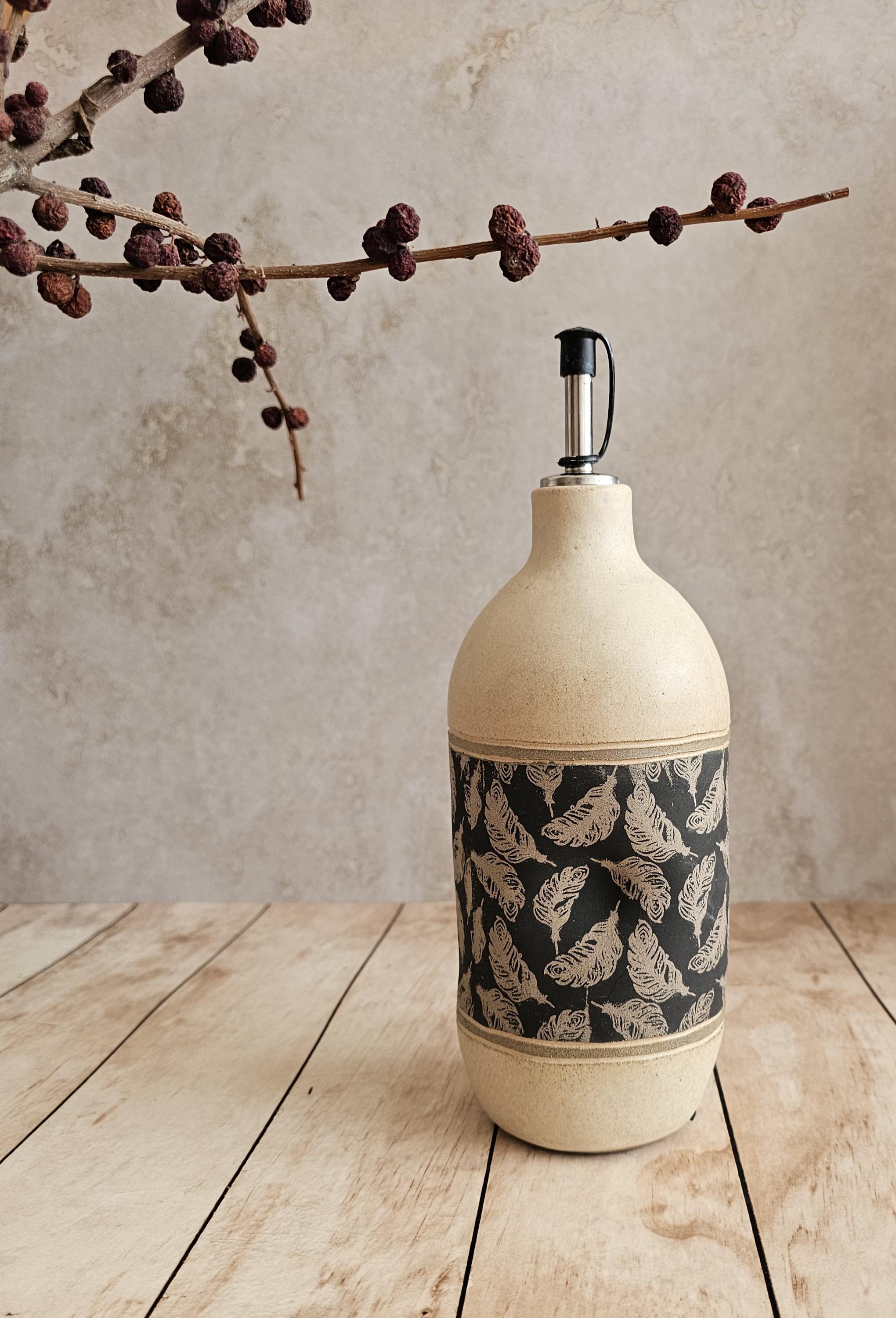 Handmade Ceramic Olive Oil Bottle: Rustic Pottery Dispenser, 30 oz