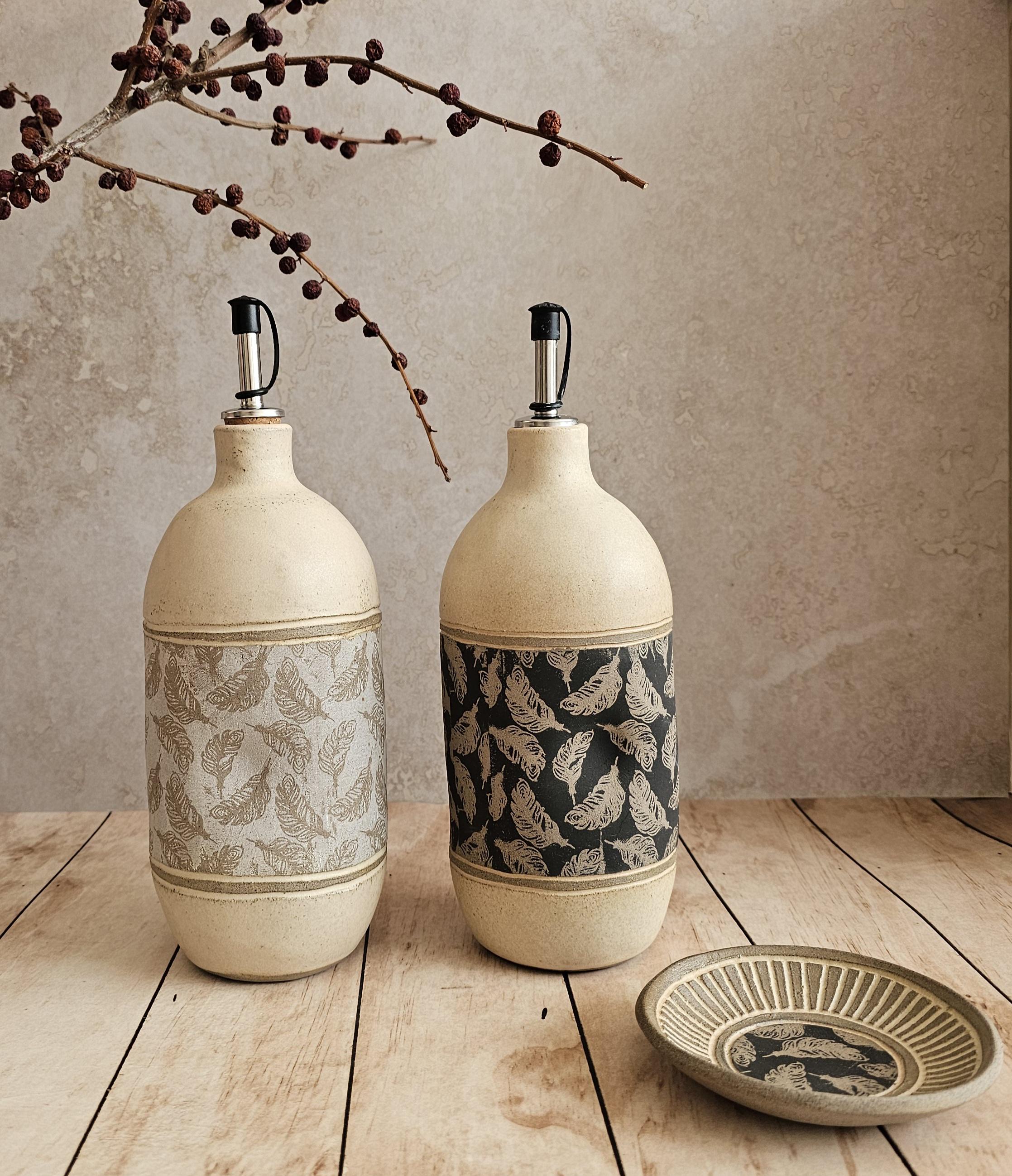 Handmade Ceramic Olive Oil Bottle: Rustic Pottery Dispenser, 30 oz
