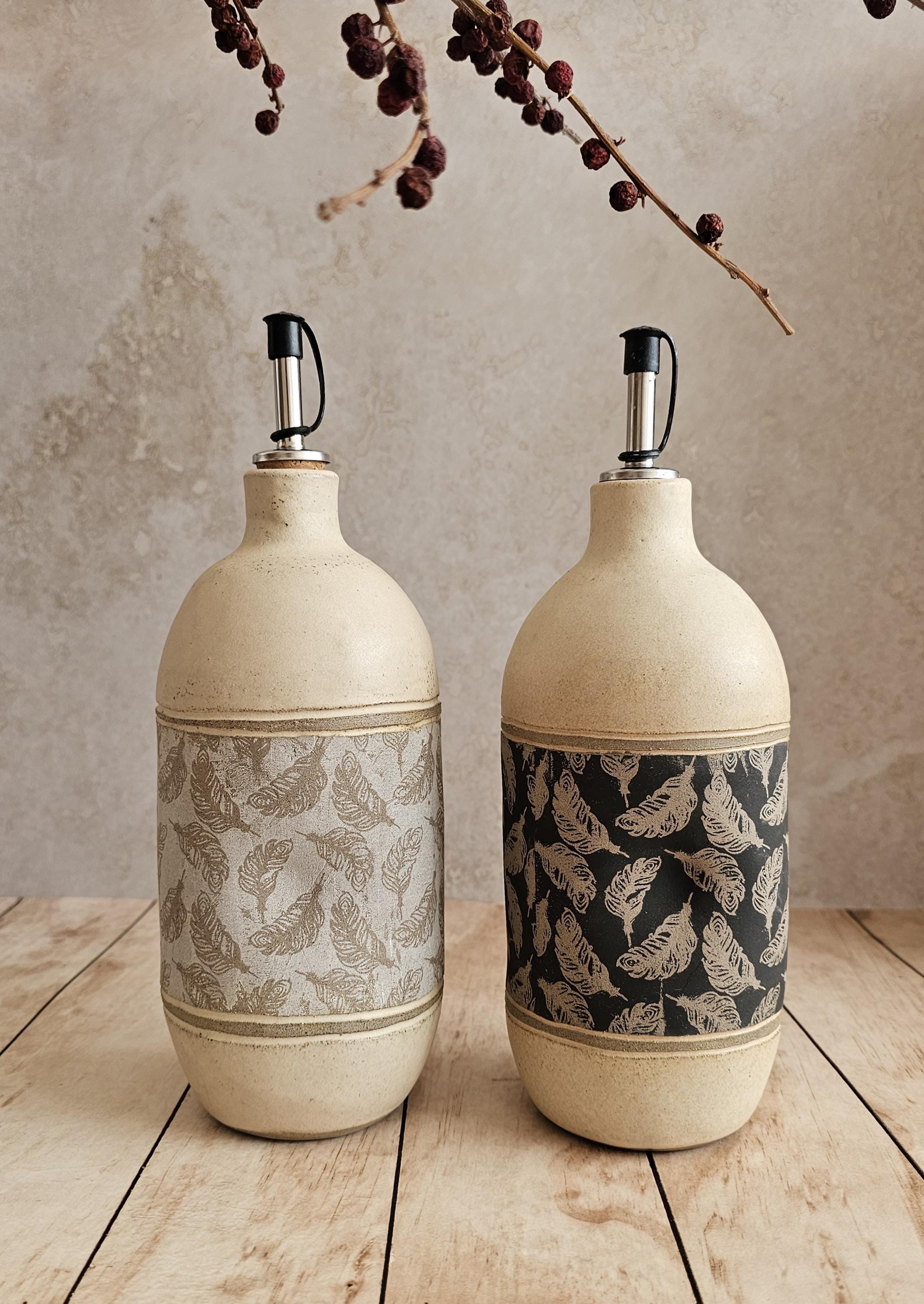 Handmade Ceramic Olive Oil Bottle: Rustic Pottery Dispenser, 30 oz