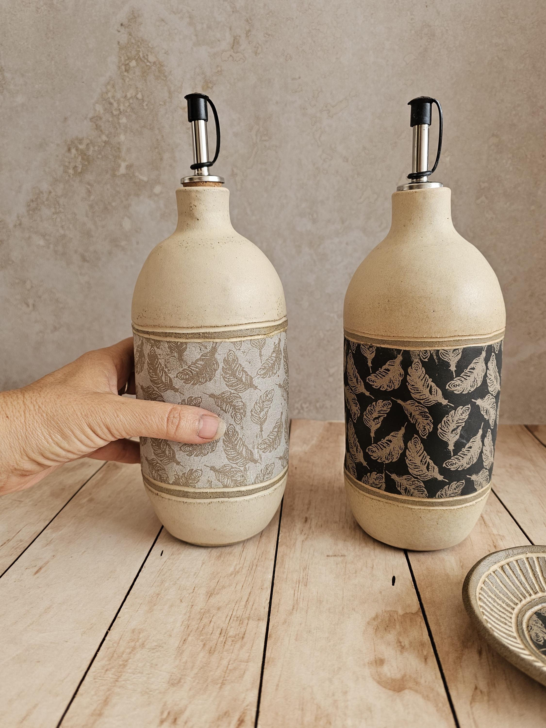 Handmade Ceramic Olive Oil Bottle: Rustic Pottery Dispenser, 30 oz