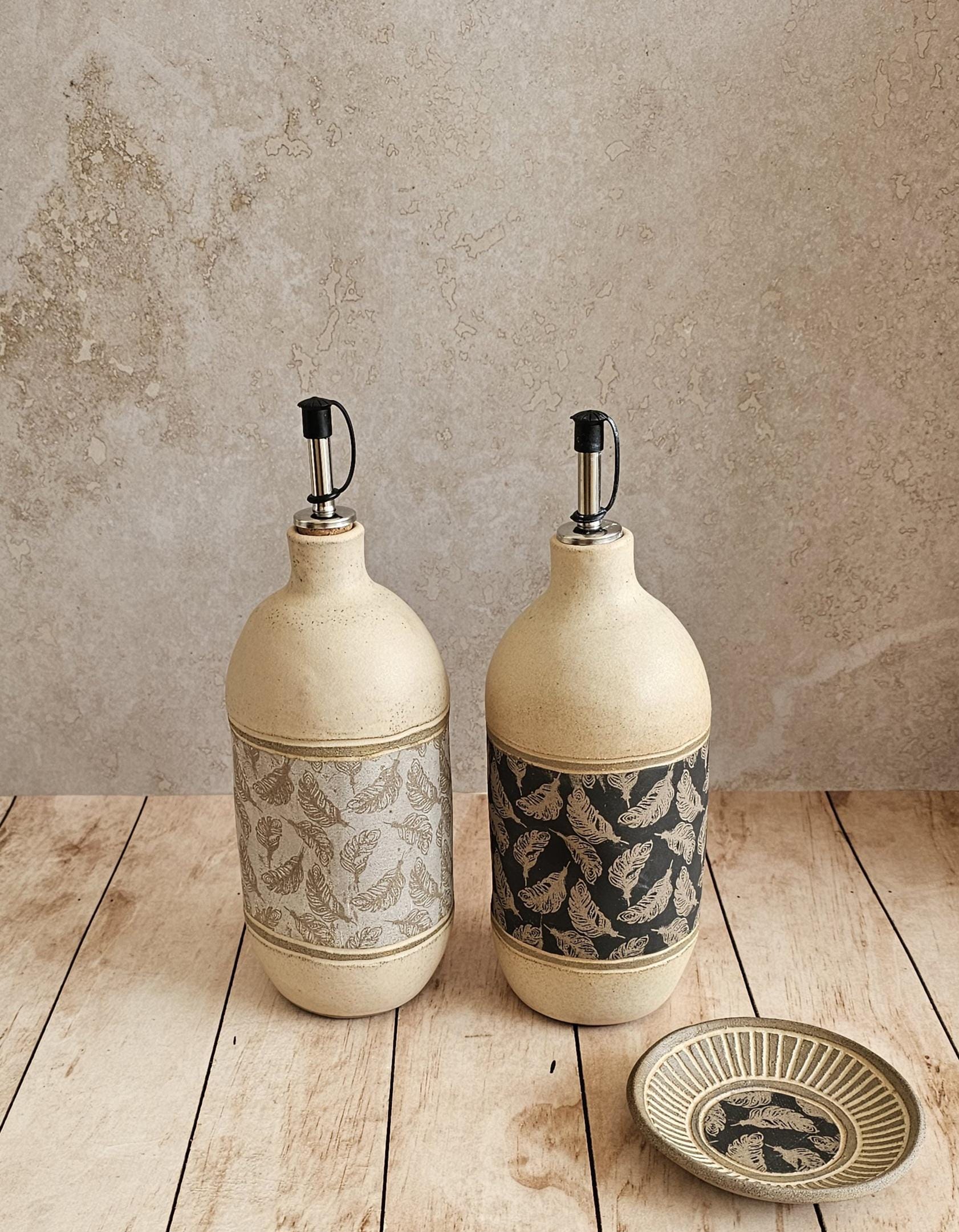 Handmade Ceramic Olive Oil Bottle: Rustic Pottery Dispenser, 30 oz