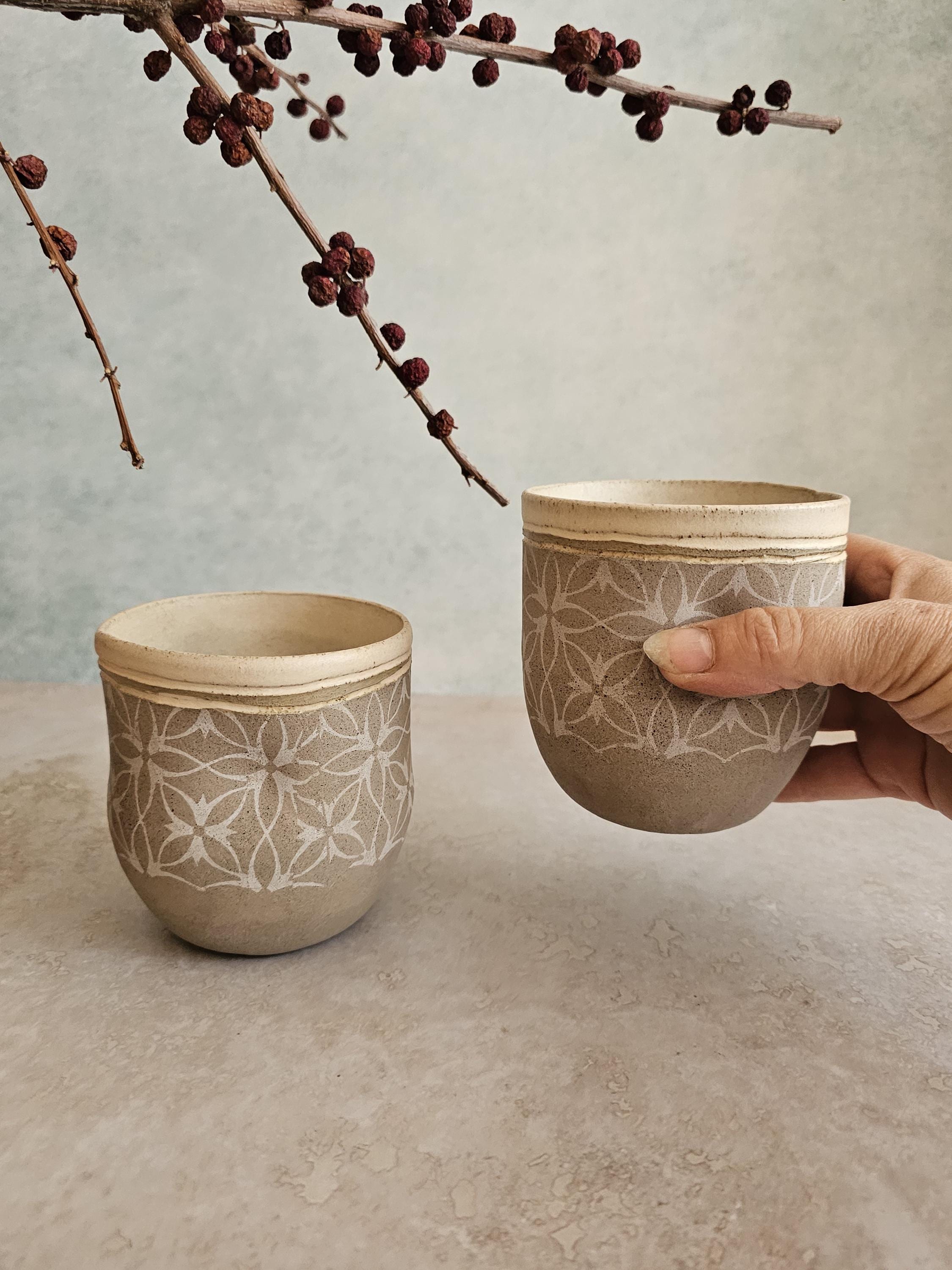 Handmade Ceramic Mugs Set: Vintage Pottery Cups for Tea Lovers