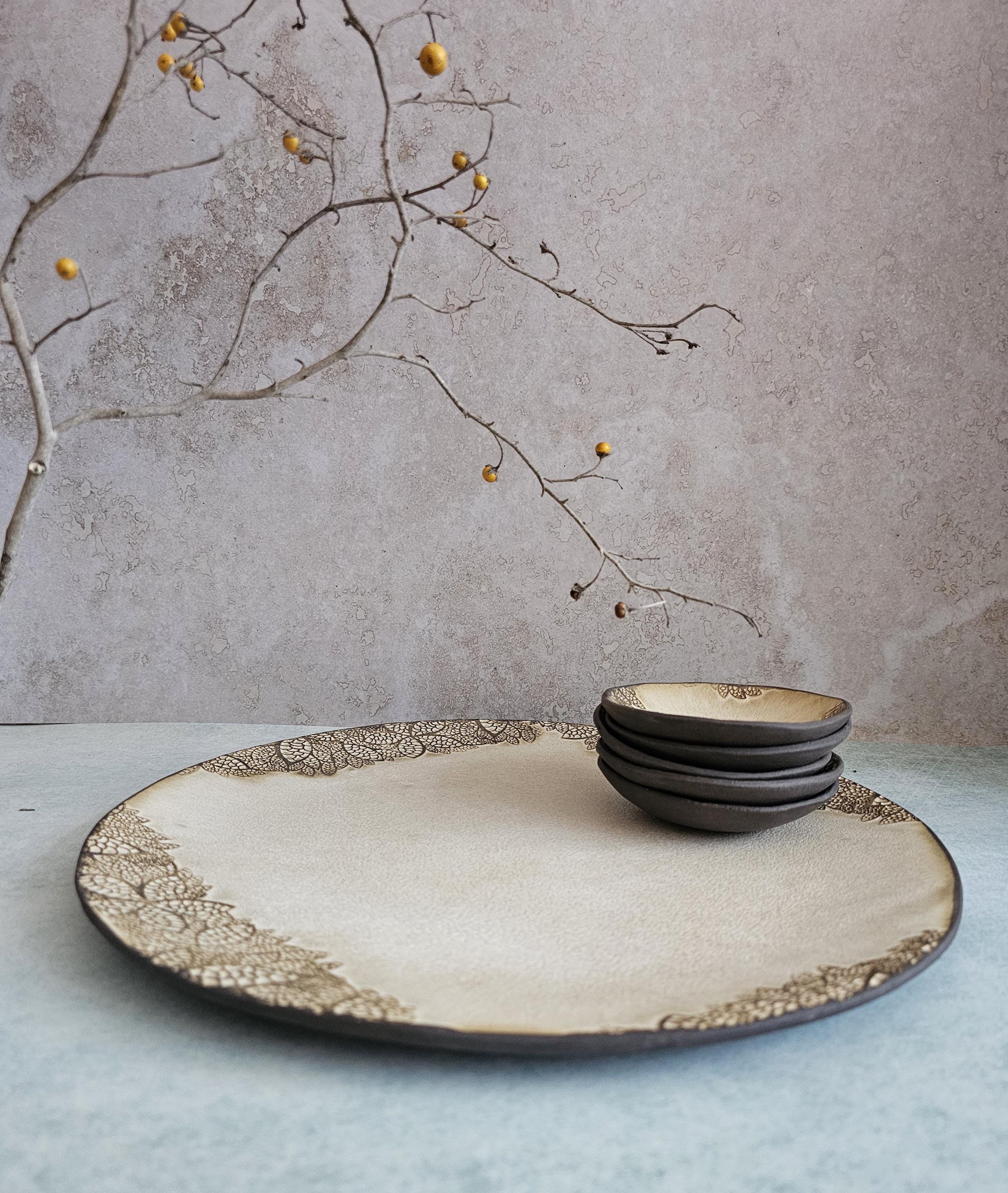 Modern Ceramic Passover Seder Plate: Beige Glazed with Leaf Decoration