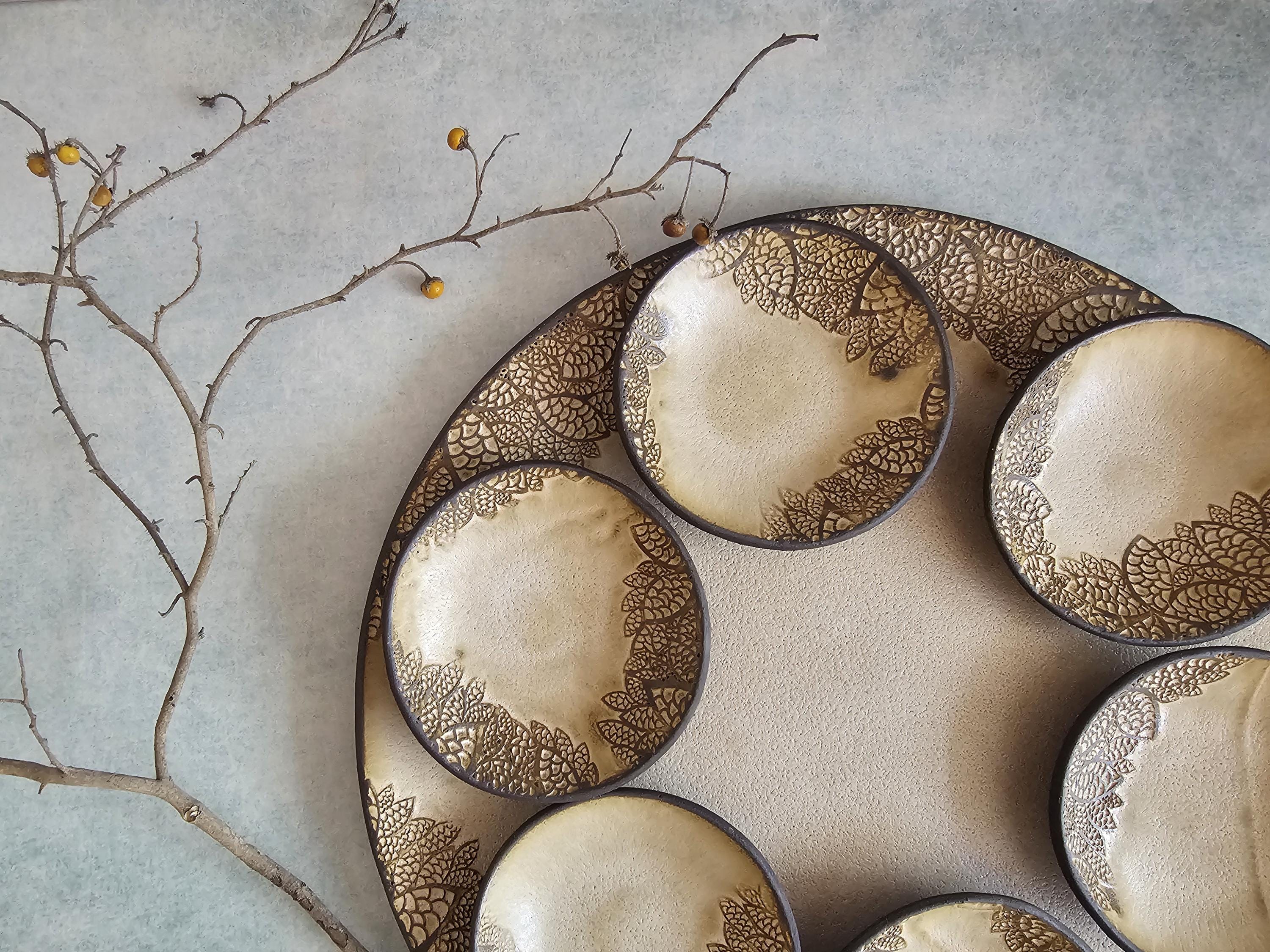 Modern Ceramic Passover Seder Plate: Beige Glazed with Leaf Decoration