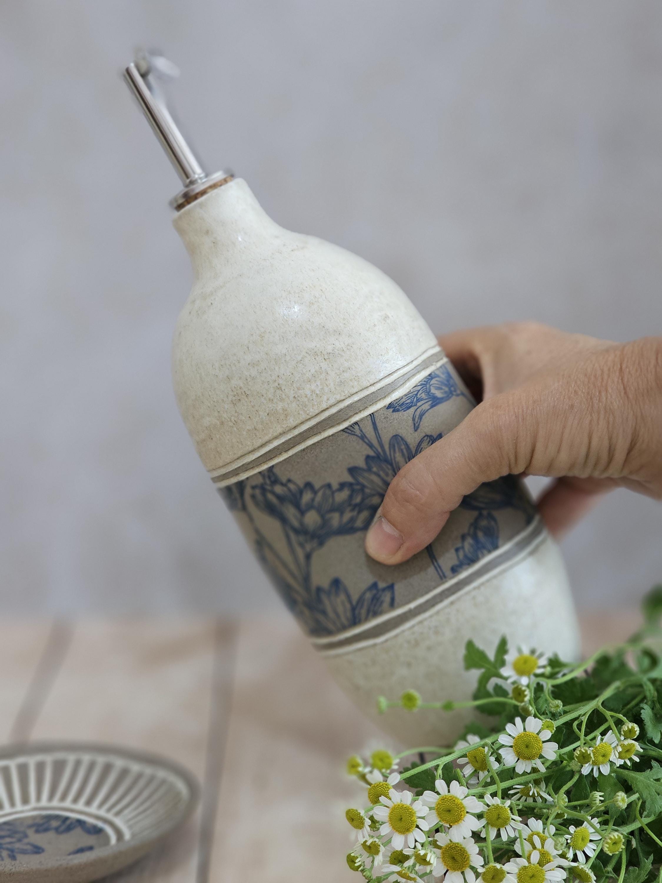 Handmade Ceramic Olive Oil Bottle: Rustic Blue & White Pottery, 30 oz