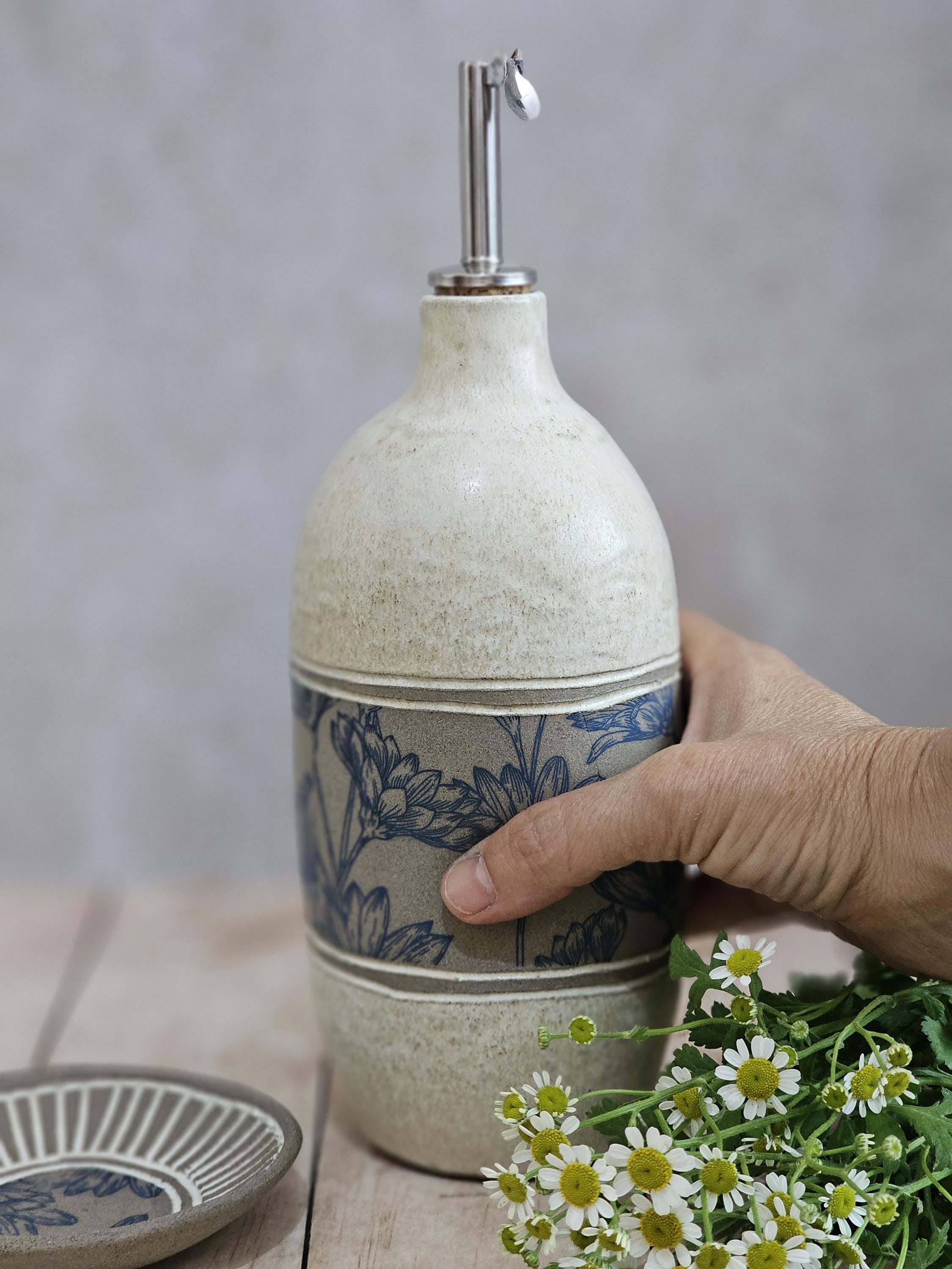 Handmade Ceramic Olive Oil Bottle: Rustic Blue & White Pottery, 30 oz