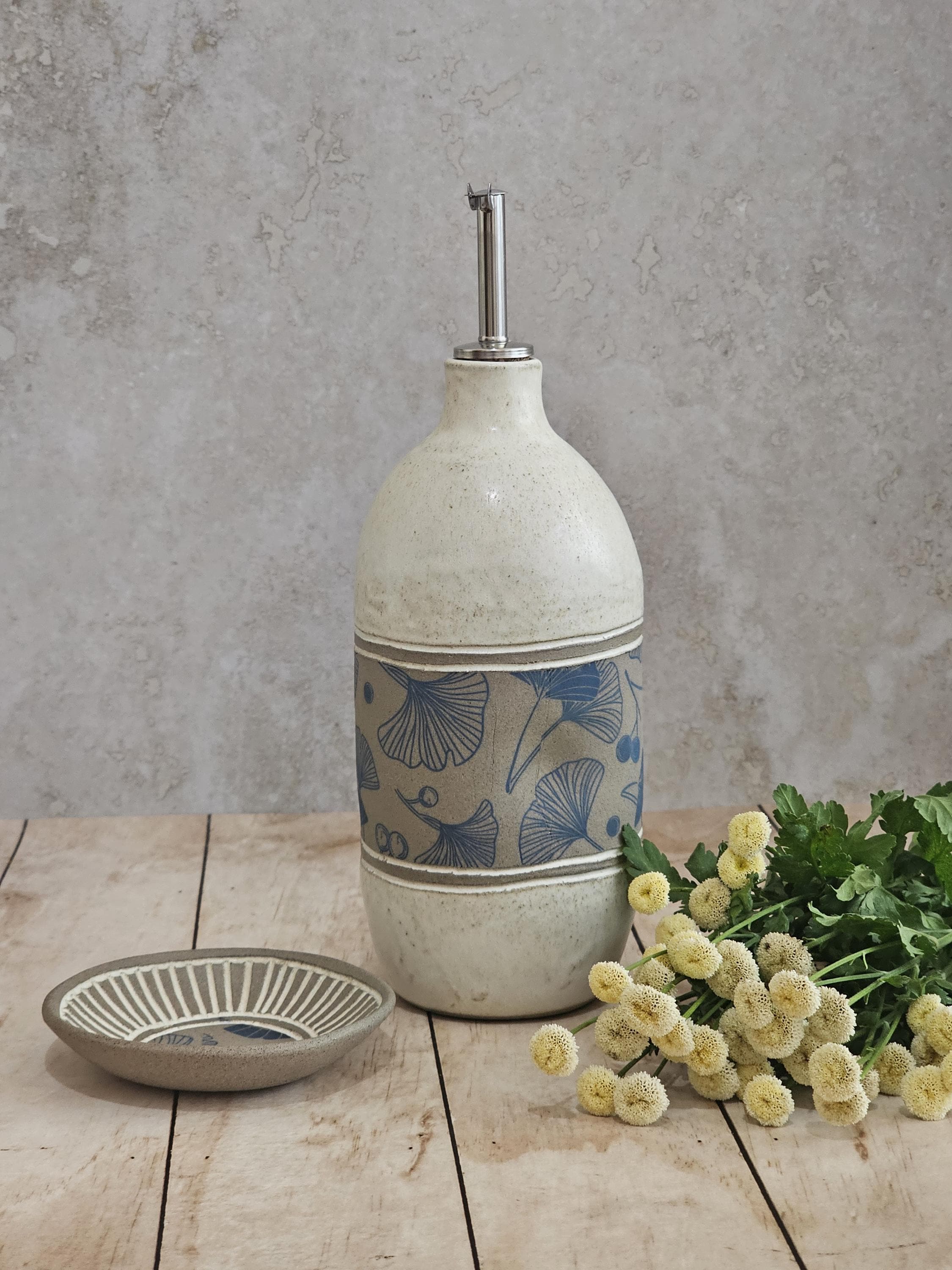Handmade Ceramic Olive Oil Bottle: Rustic Blue & White Pottery