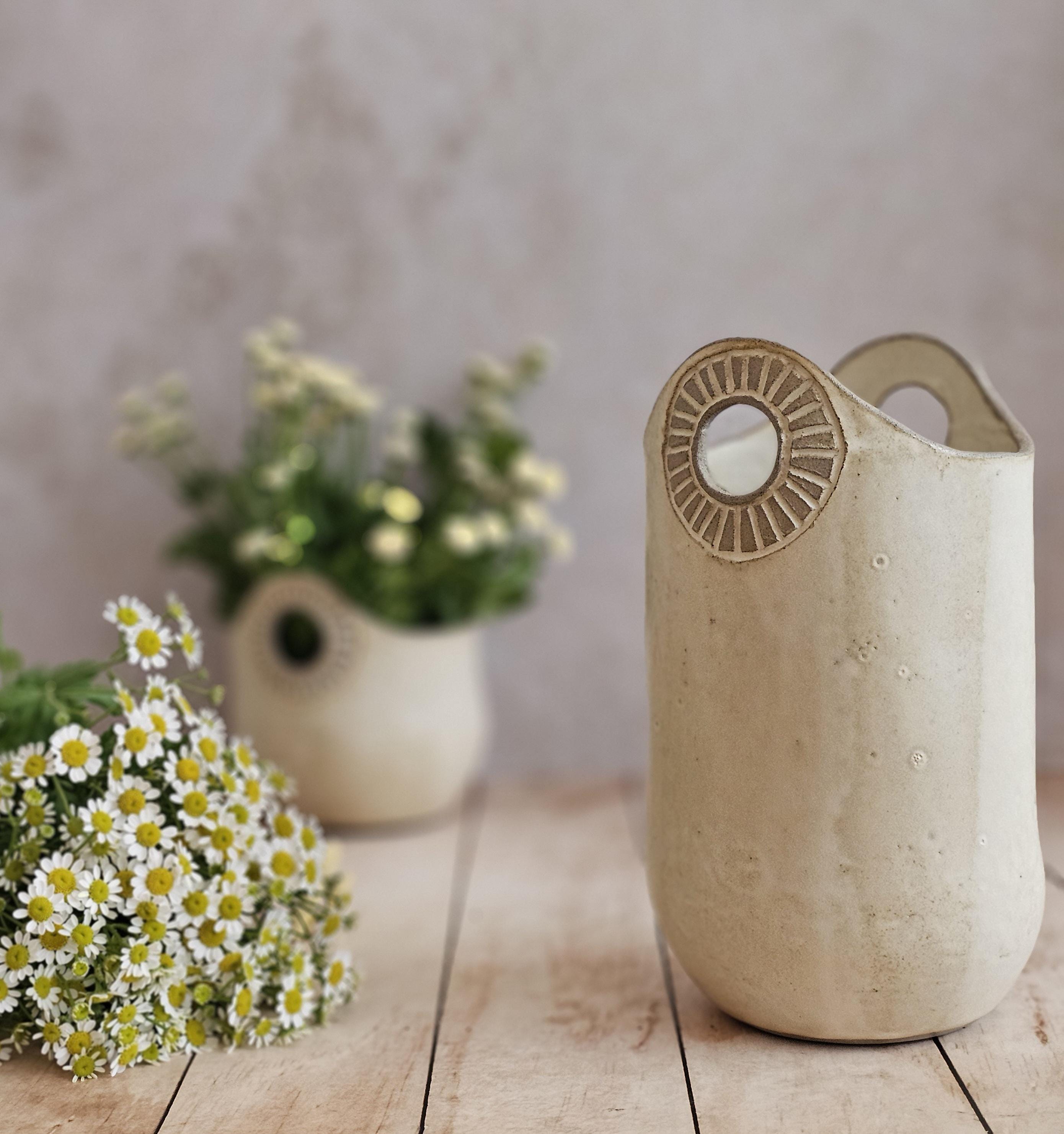 Hand-Engraved Ceramic Vase with Handles: Kitchen Utensil Holder