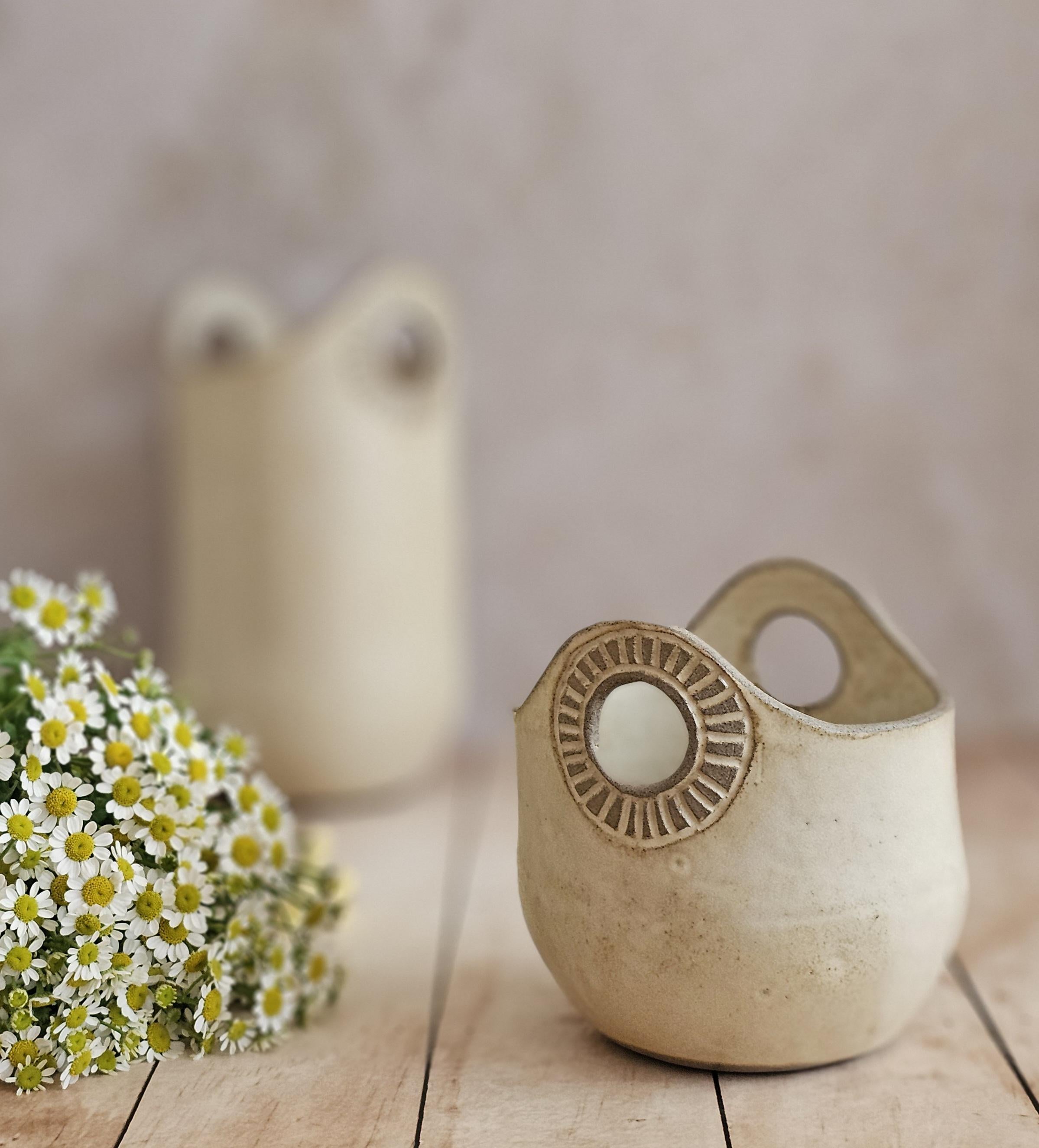 Hand-Engraved Ceramic Vase with Handles: Kitchen Utensil Holder