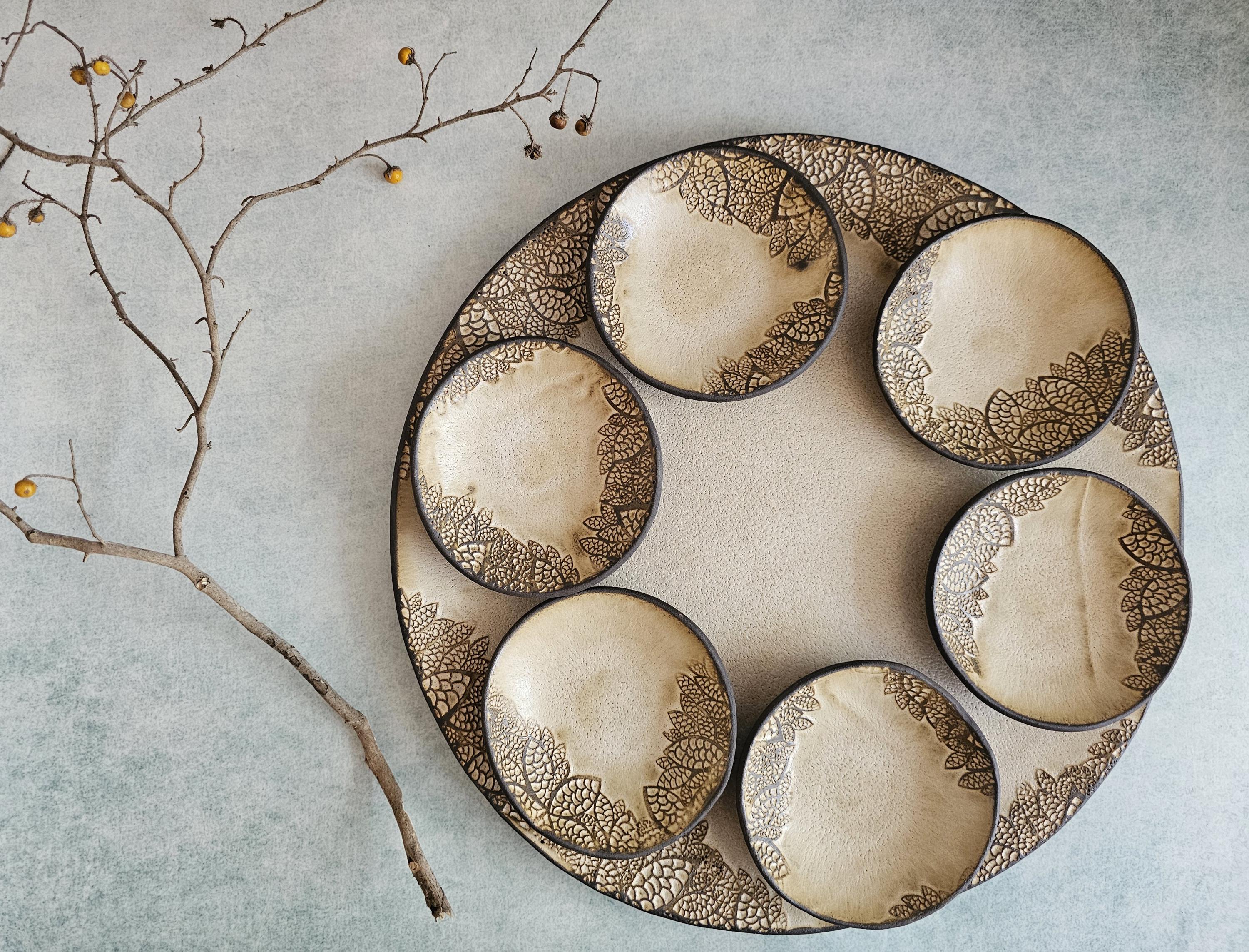 Modern Ceramic Passover Seder Plate: Beige Glazed with Leaf Decoration