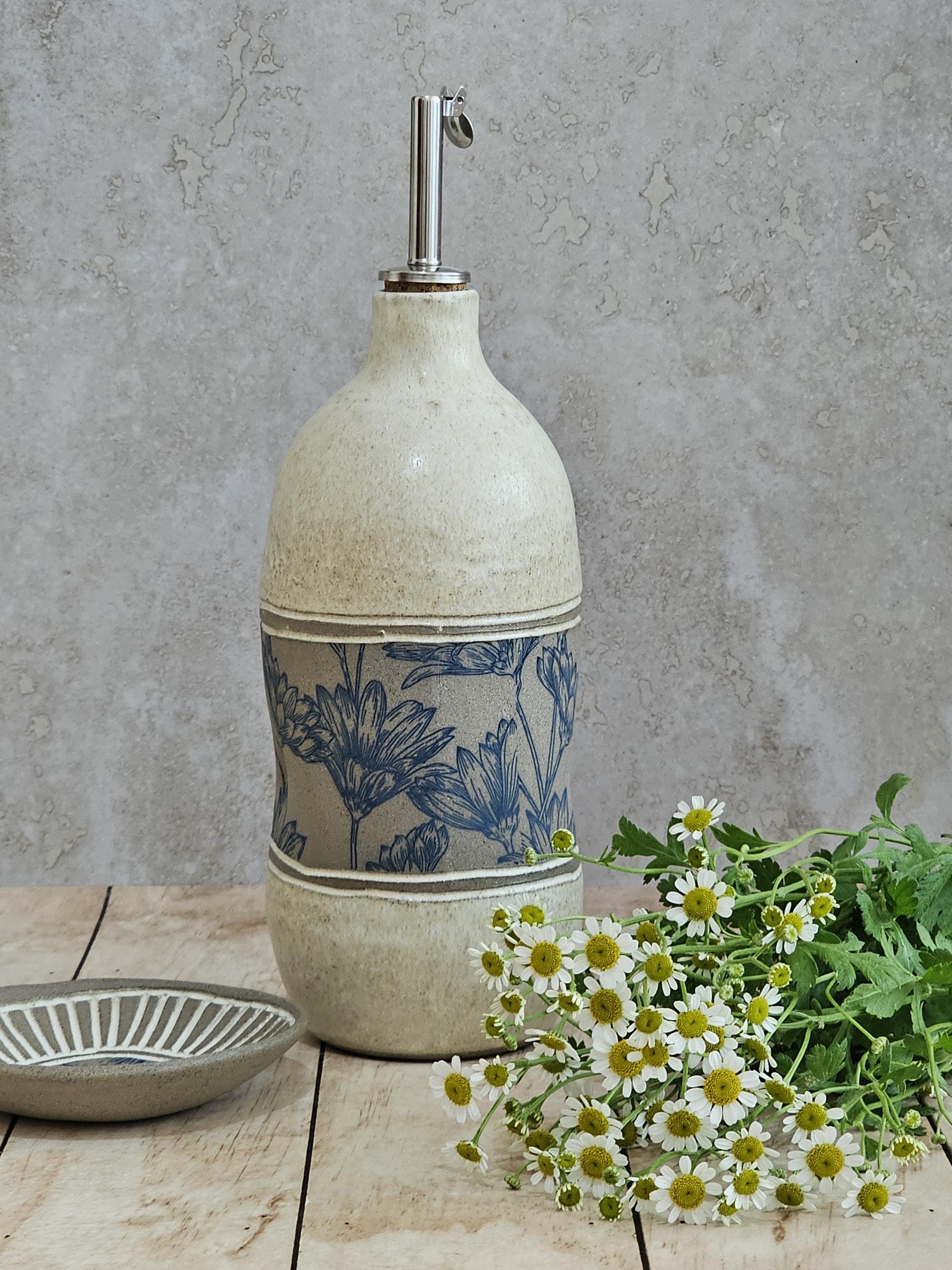 Handmade Ceramic Olive Oil Bottle: Rustic Blue & White Pottery, 30 oz