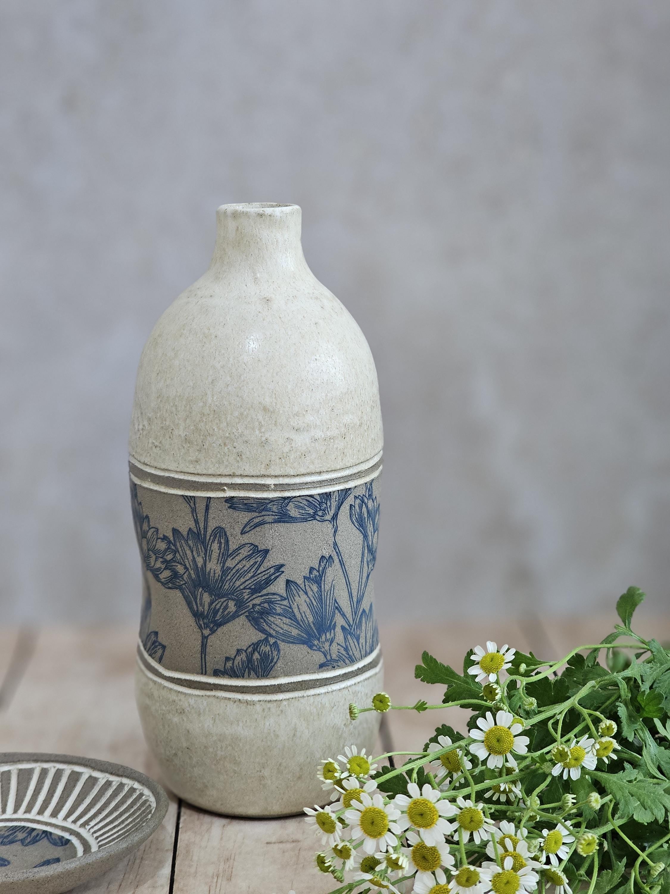 Handmade Ceramic Olive Oil Bottle: Rustic Blue & White Pottery, 30 oz