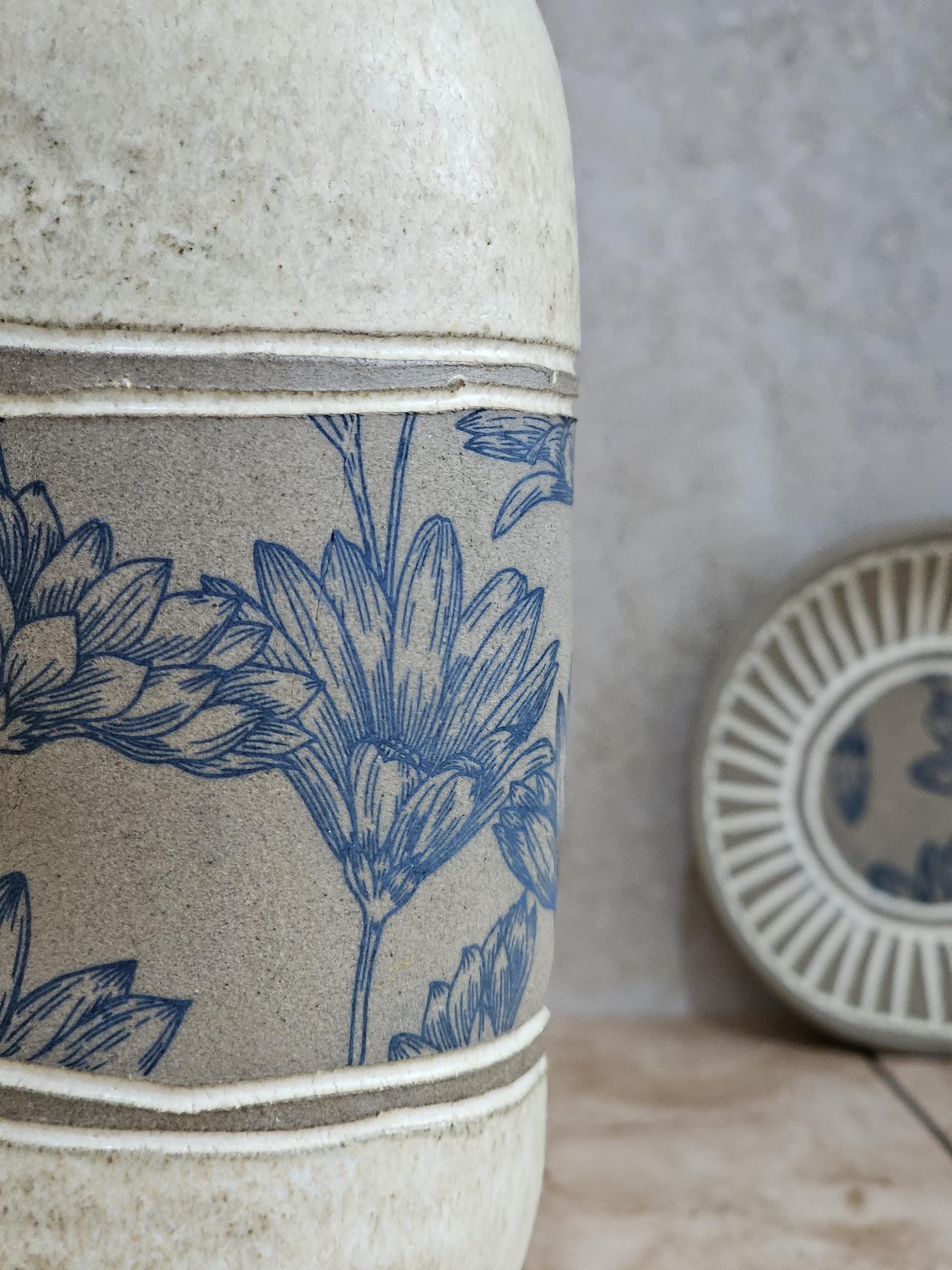 Handmade Ceramic Olive Oil Bottle: Rustic Blue & White Pottery, 30 oz