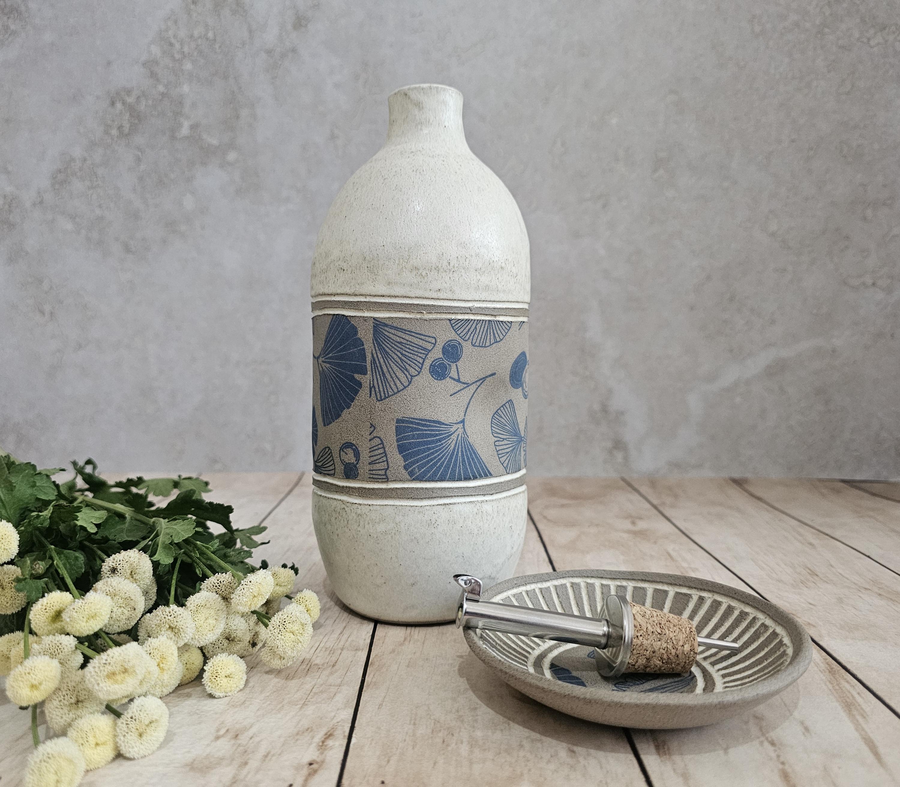 Handmade Ceramic Olive Oil Bottle: Rustic Blue & White Pottery
