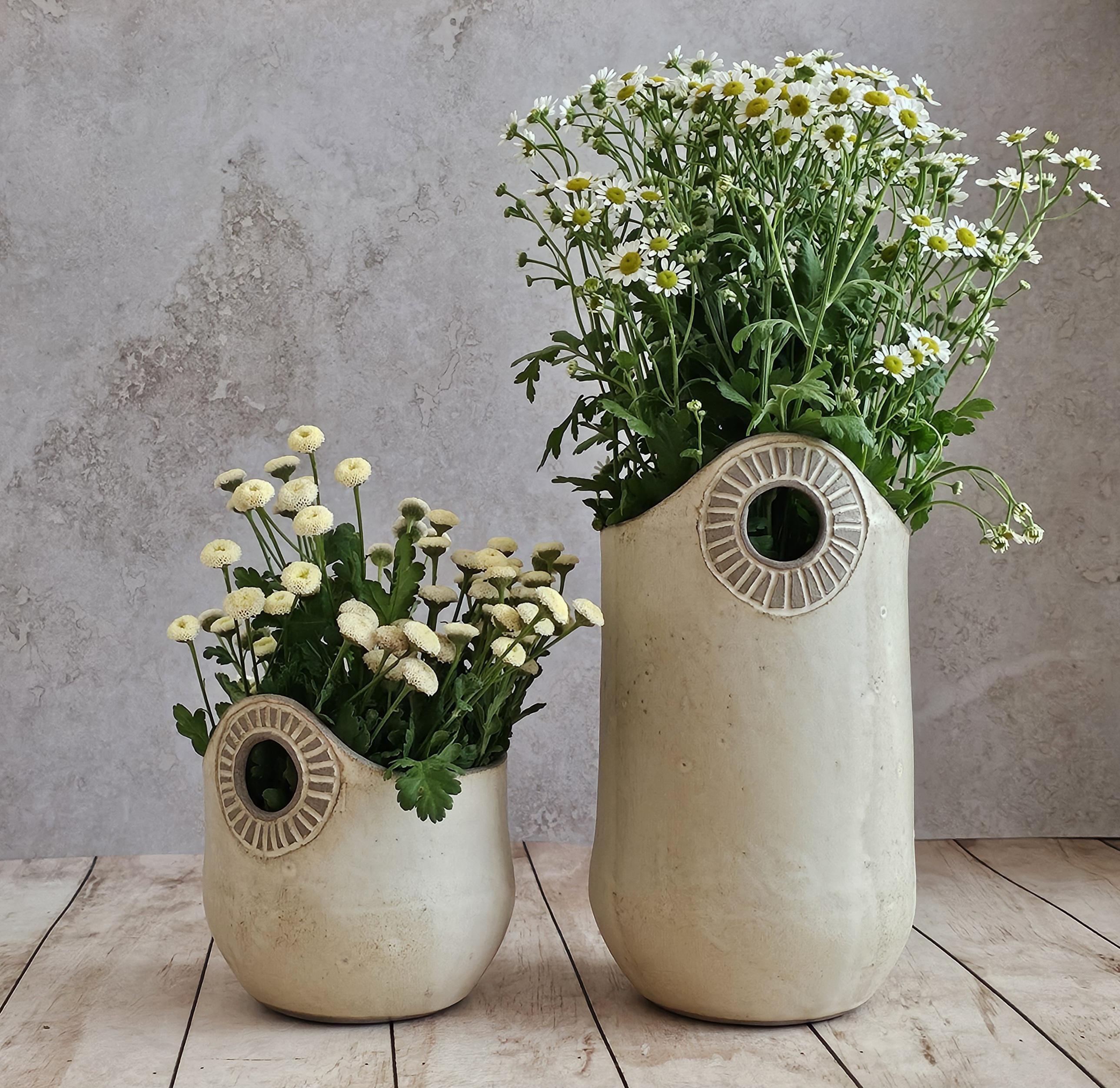 Hand-Engraved Ceramic Vase with Handles: Kitchen Utensil Holder