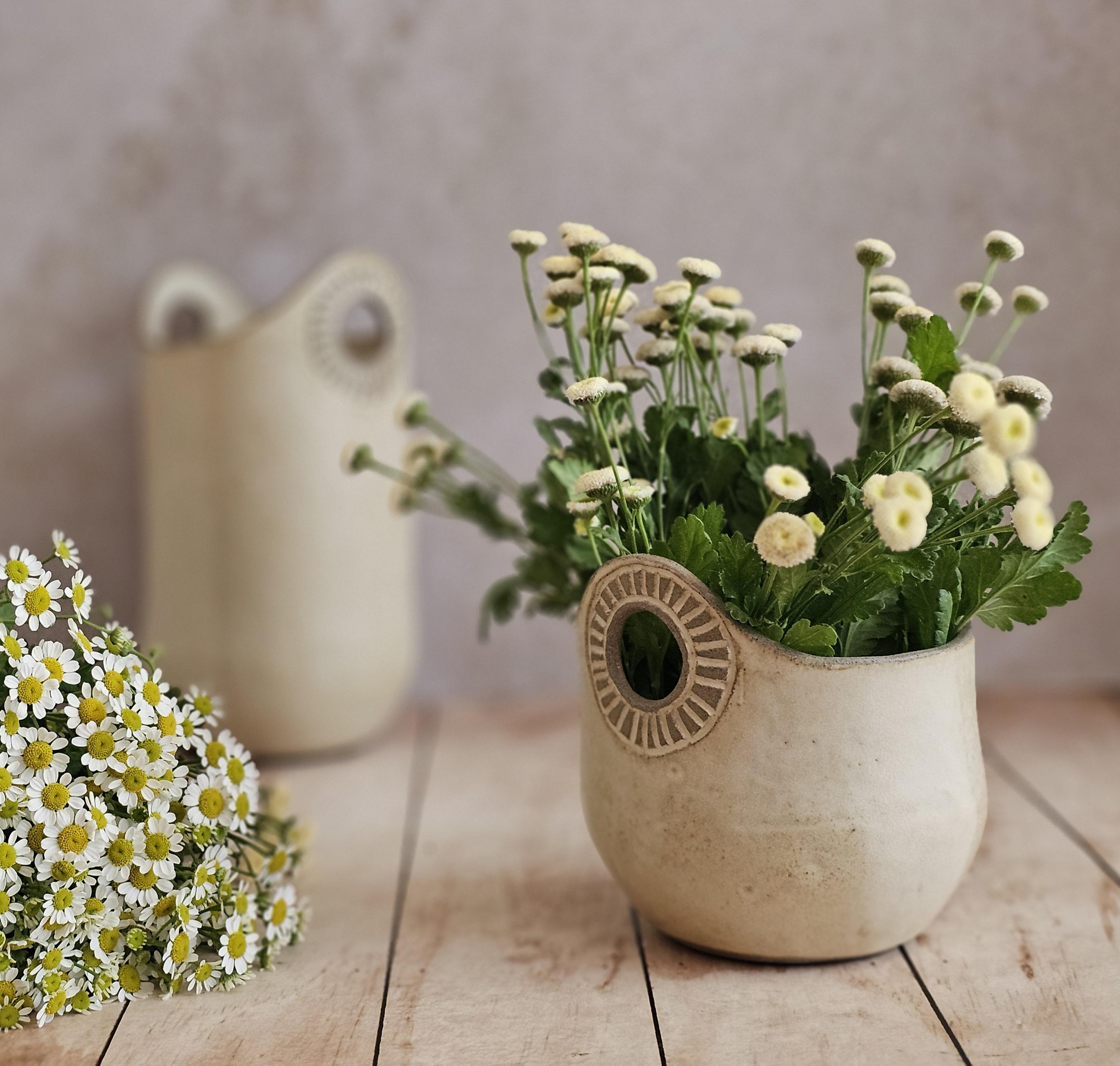 Hand-Engraved Ceramic Vase with Handles: Kitchen Utensil Holder