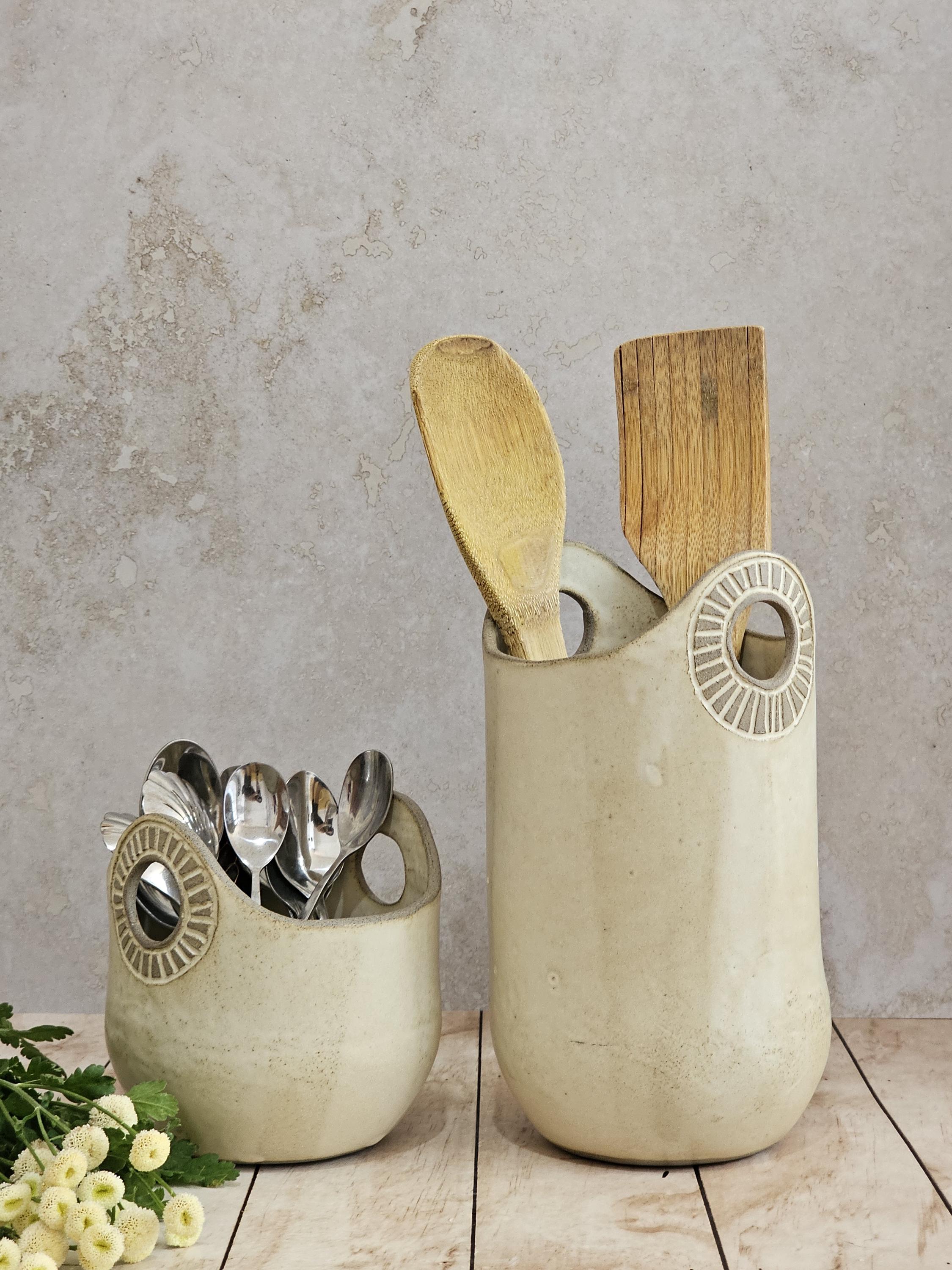 Hand-Engraved Ceramic Vase with Handles: Kitchen Utensil Holder