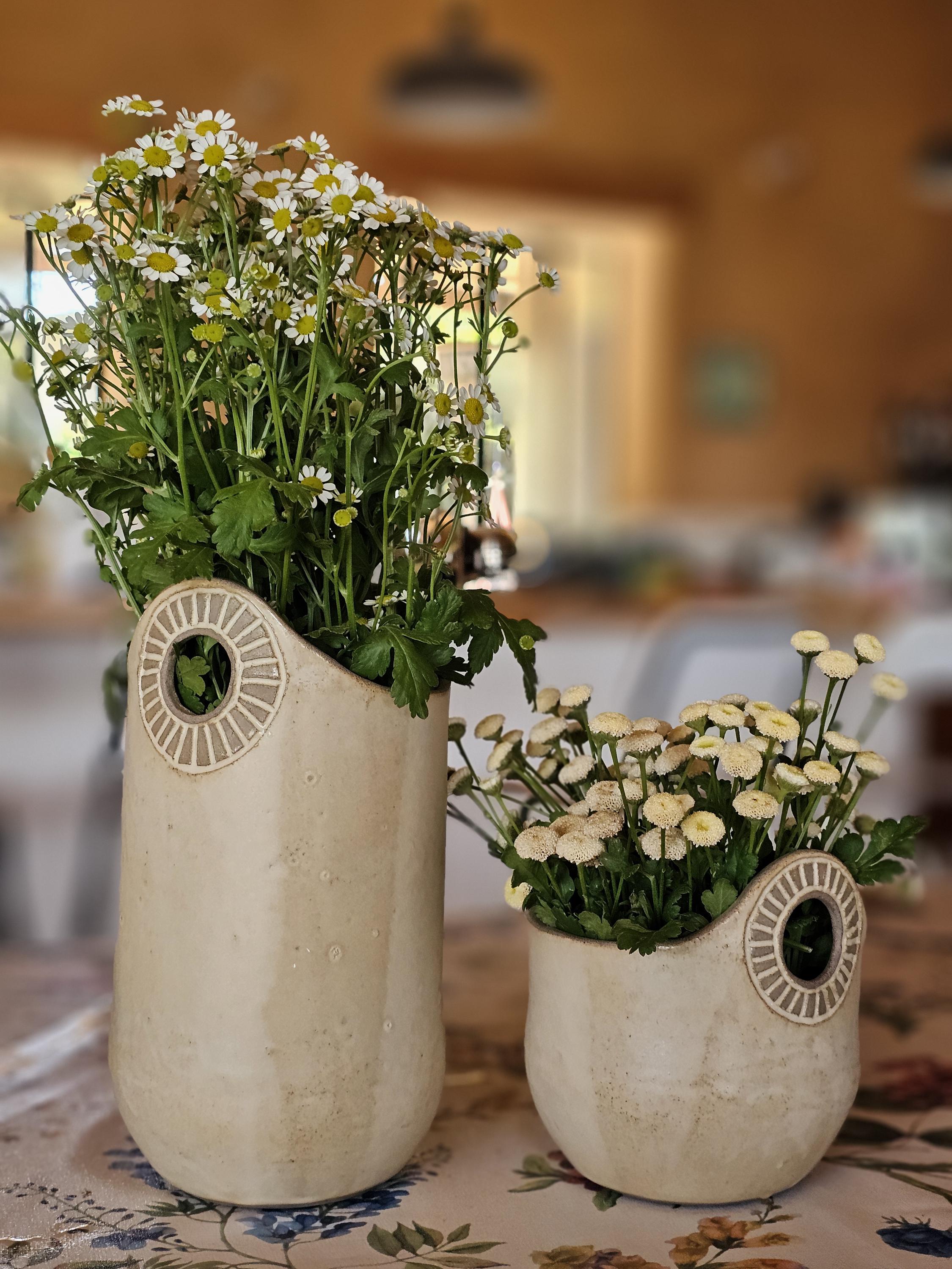 Hand-Engraved Ceramic Vase with Handles: Kitchen Utensil Holder