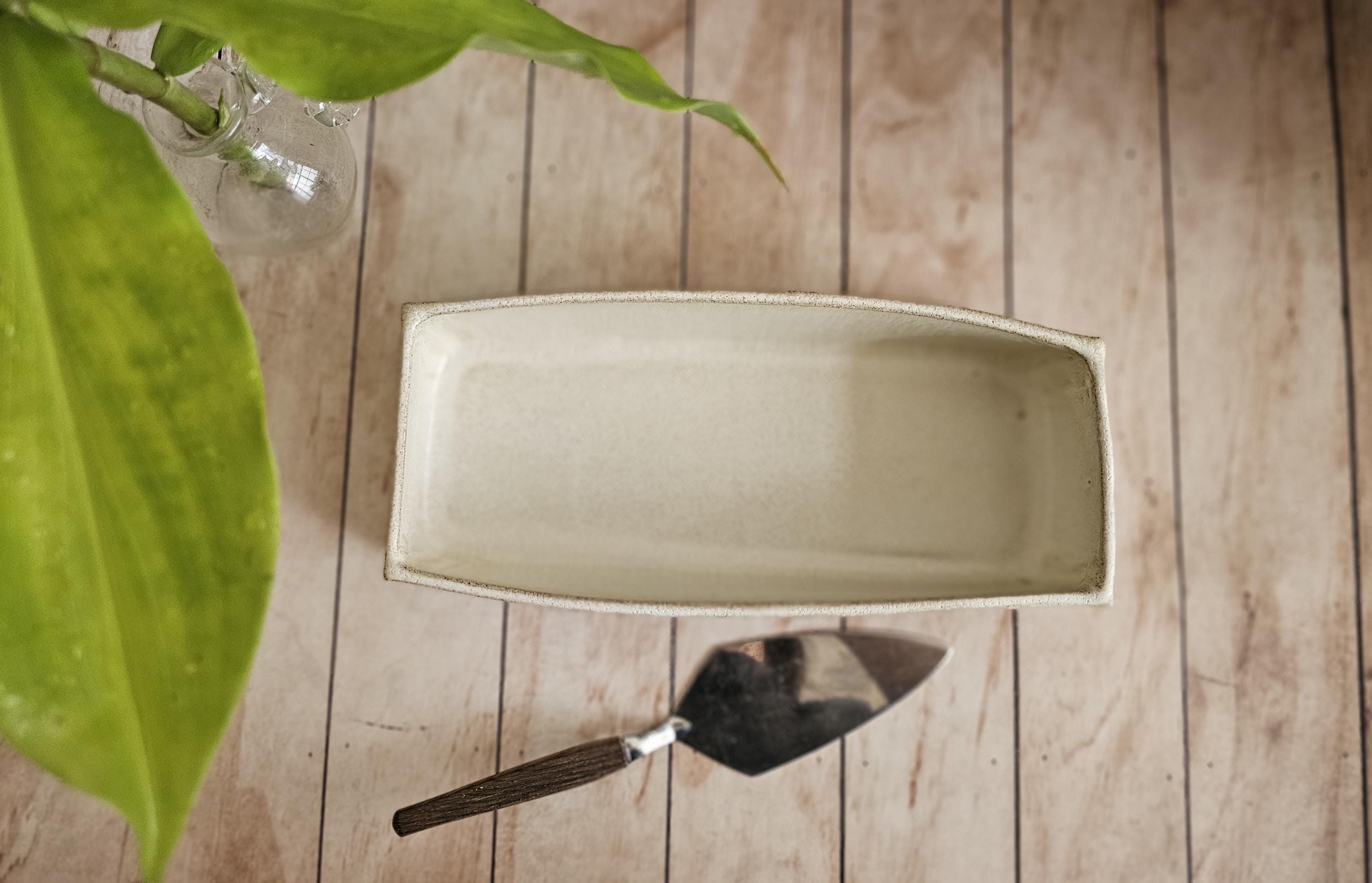 Handmade Ceramic Baking Dish: Rustic Pottery Serving Dish with white Print