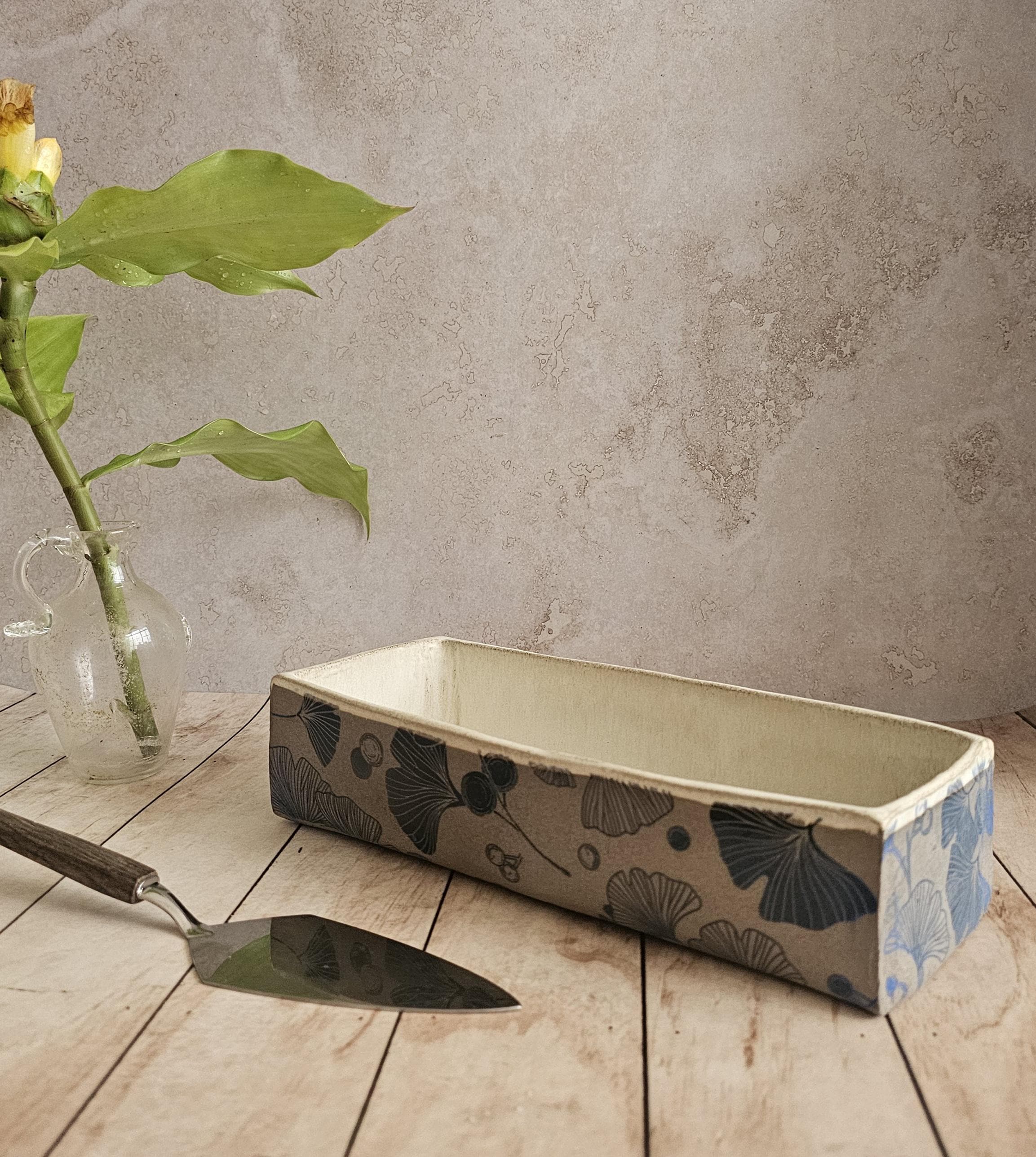 Handmade Ceramic Baking Dish: Rustic Pottery Serving Dish with blue Print