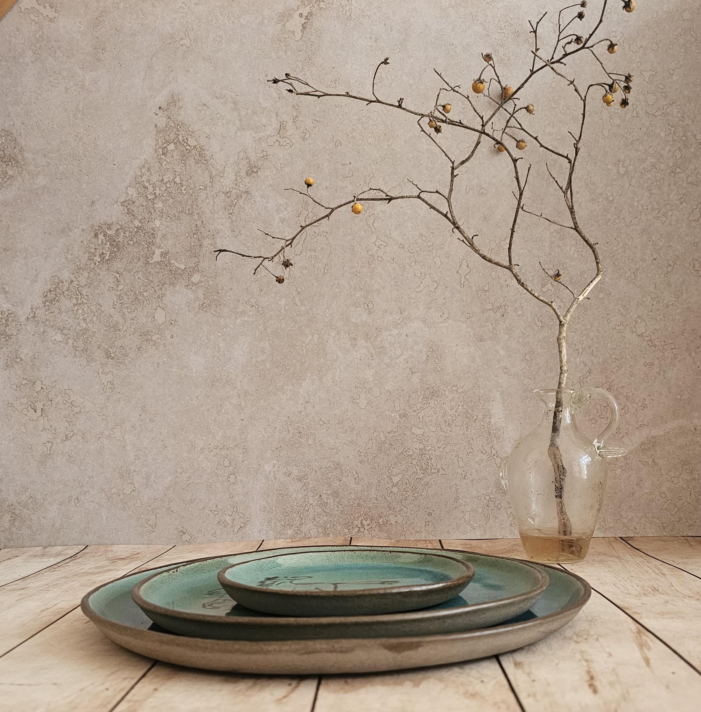 Turquoise Ceramic Plate Set: Handmade Pottery Serving Dish with Engraved Horses