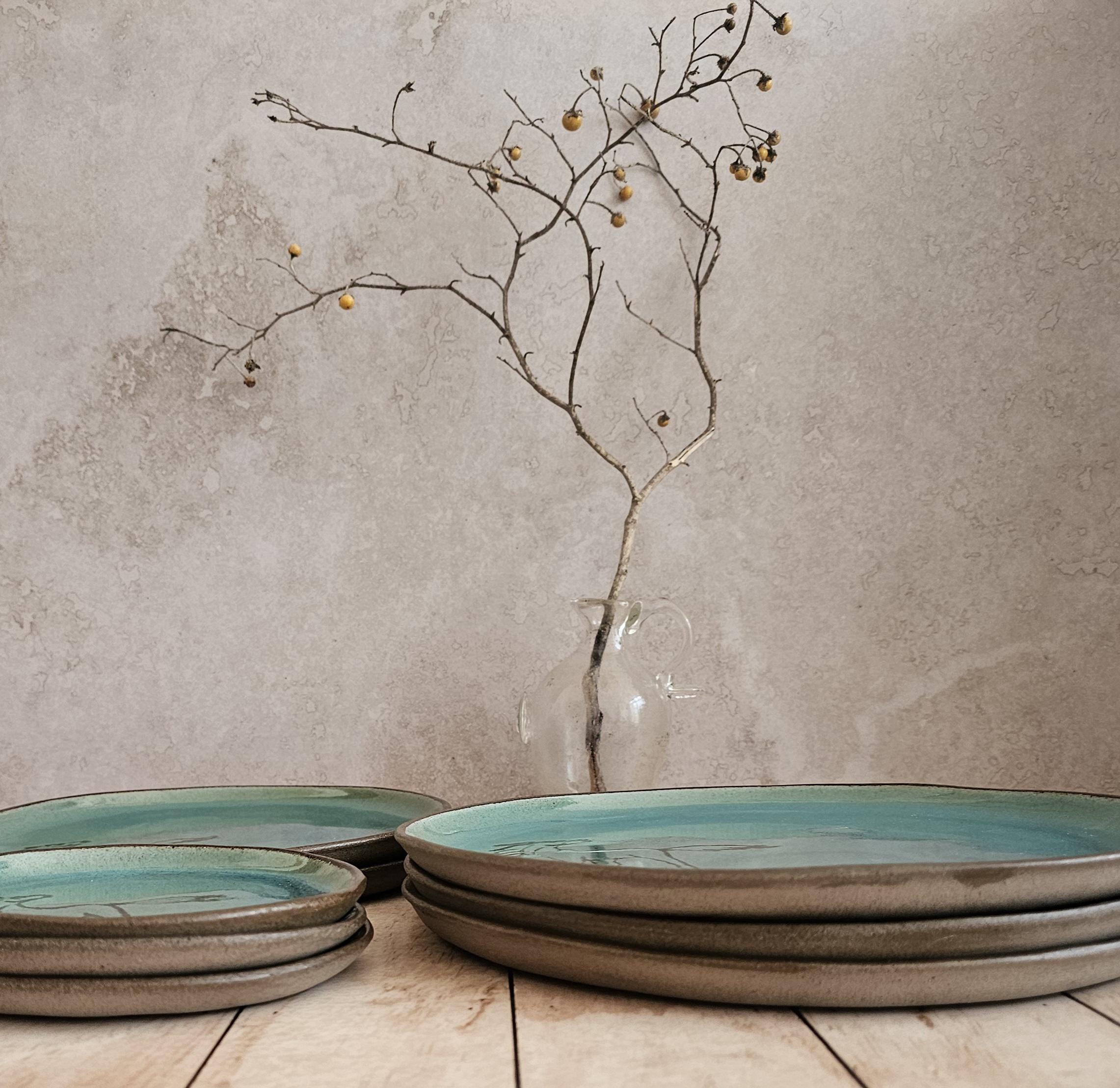 Turquoise Ceramic Plate Set: Handmade Pottery Serving Dish with Engraved Horses