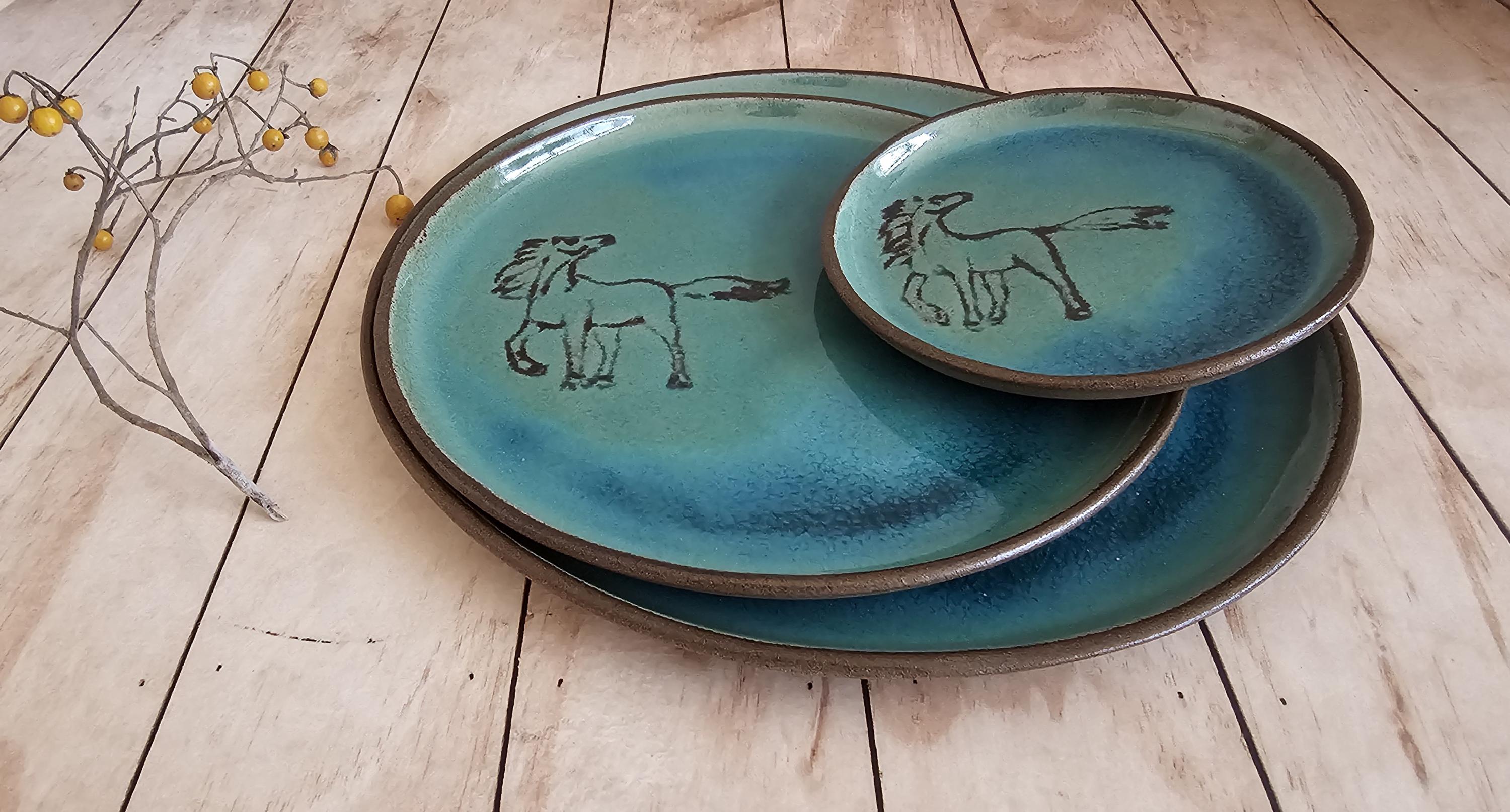 Turquoise Ceramic Plate Set: Handmade Pottery Serving Dish with Engraved Horses