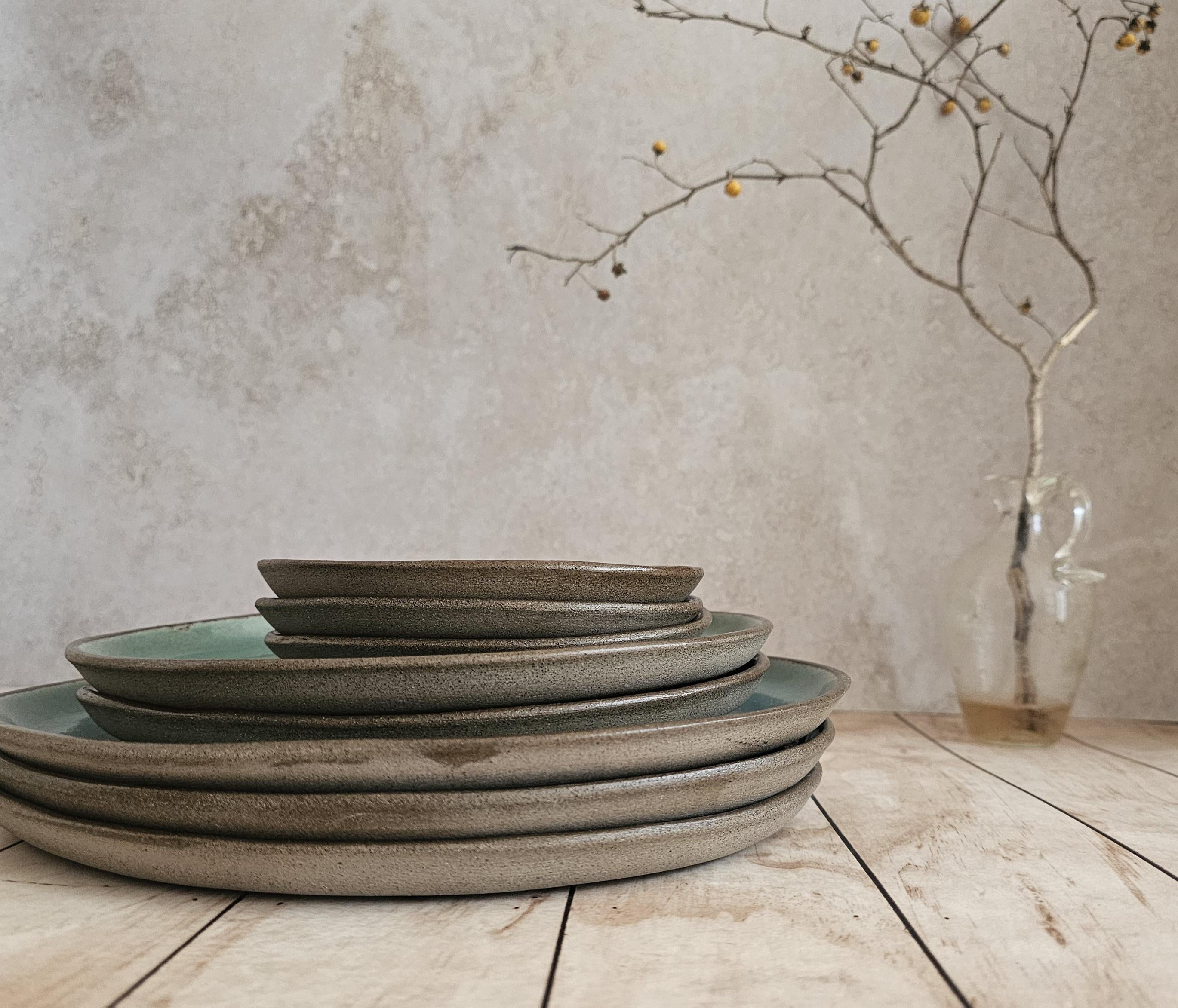 Turquoise Ceramic Plate Set: Handmade Pottery Serving Dish with Engraved Horses