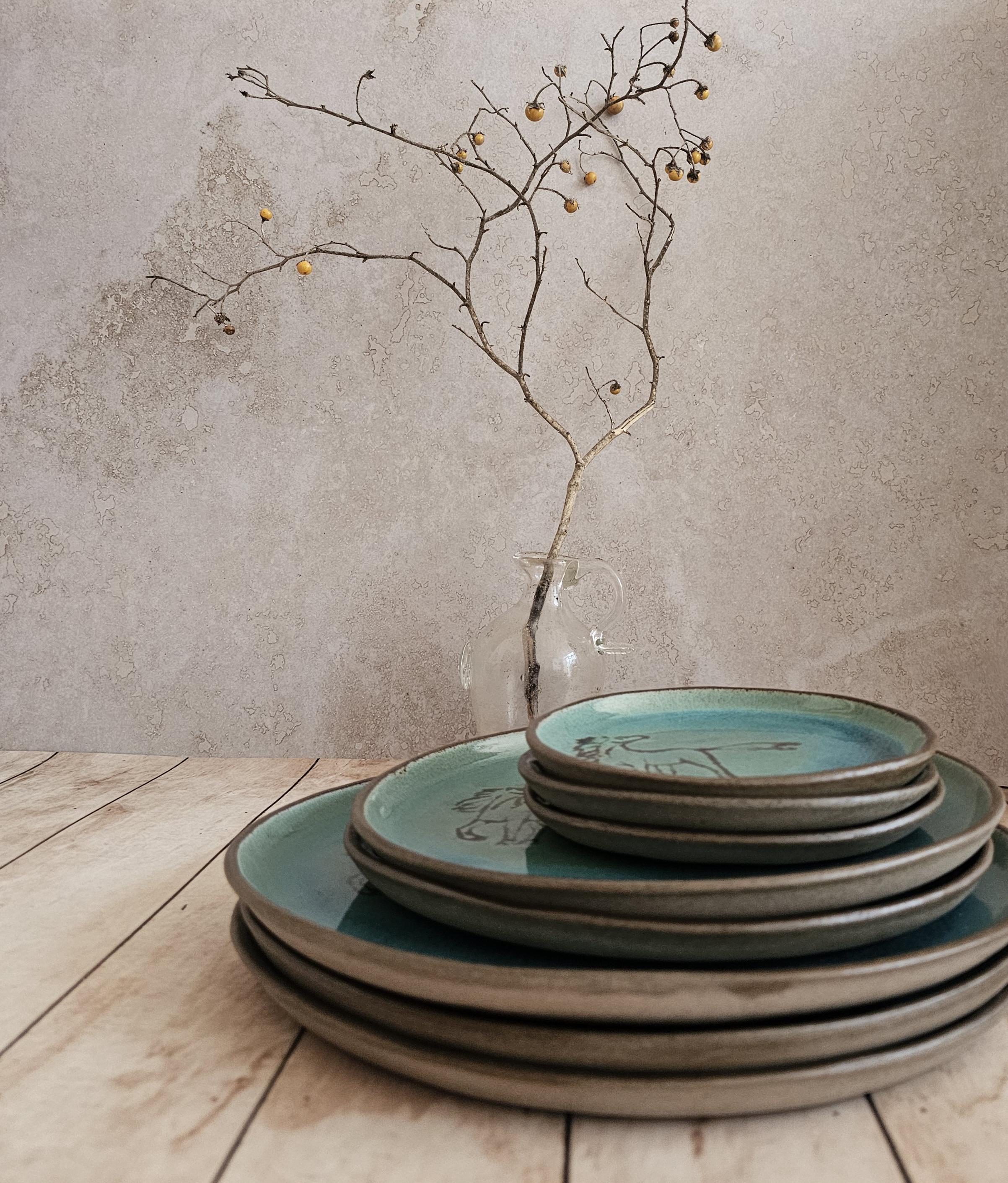 Turquoise Ceramic Plate Set: Handmade Pottery Serving Dish with Engraved Horses