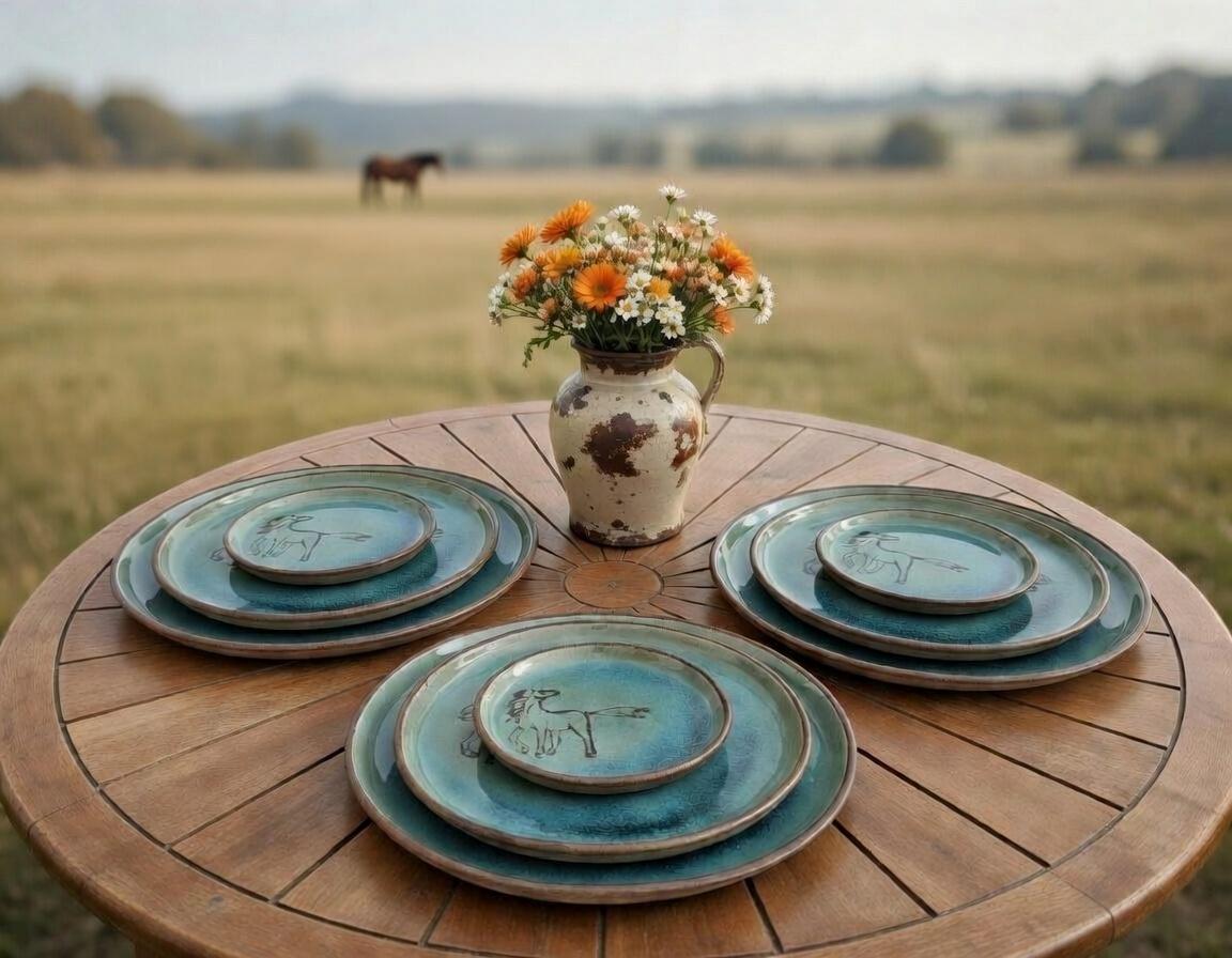 Turquoise Ceramic Plate Set: Handmade Pottery Serving Dish with Engraved Horses