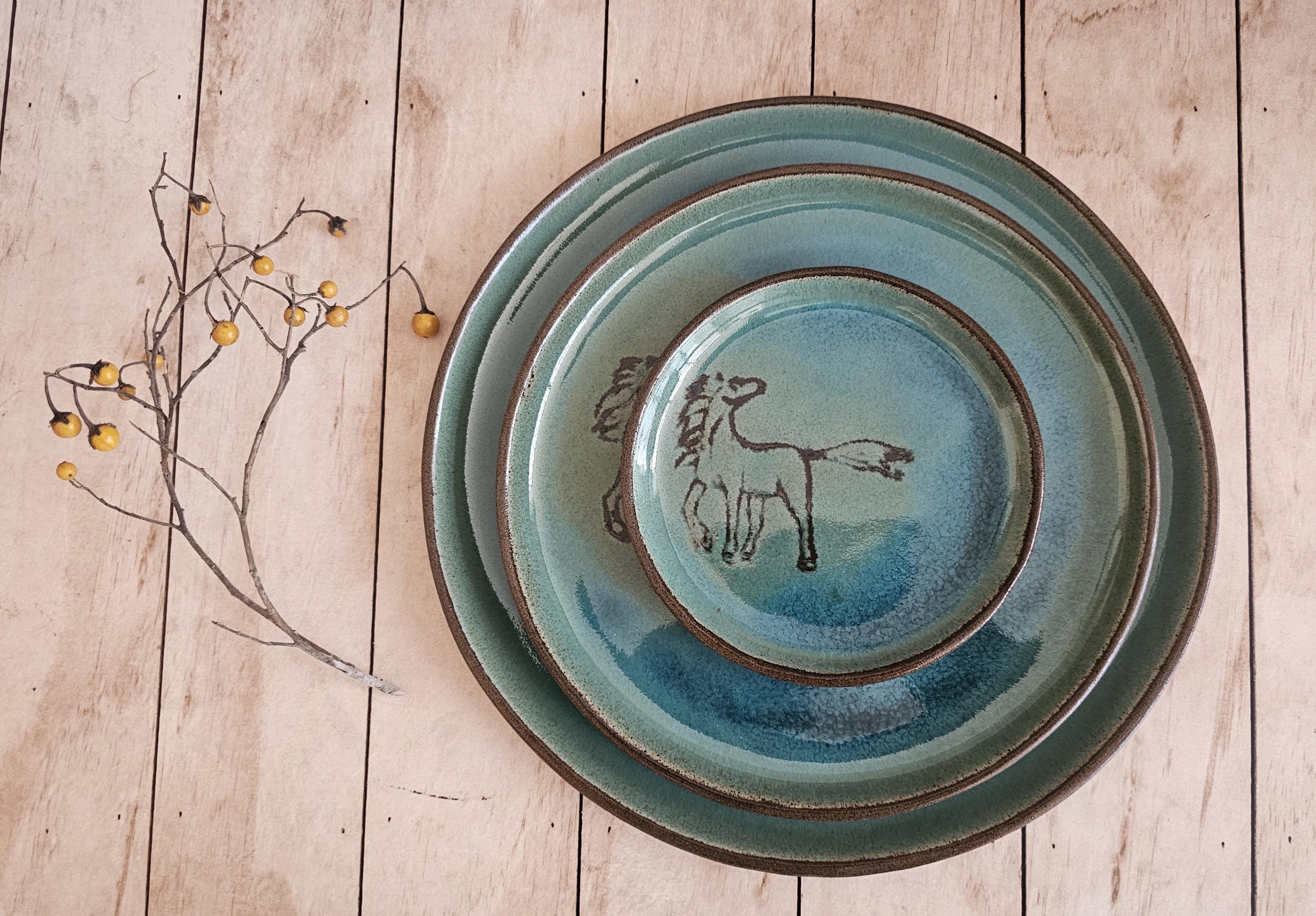 Turquoise Ceramic Plates (Set of 2): Engraved Horse Decoration