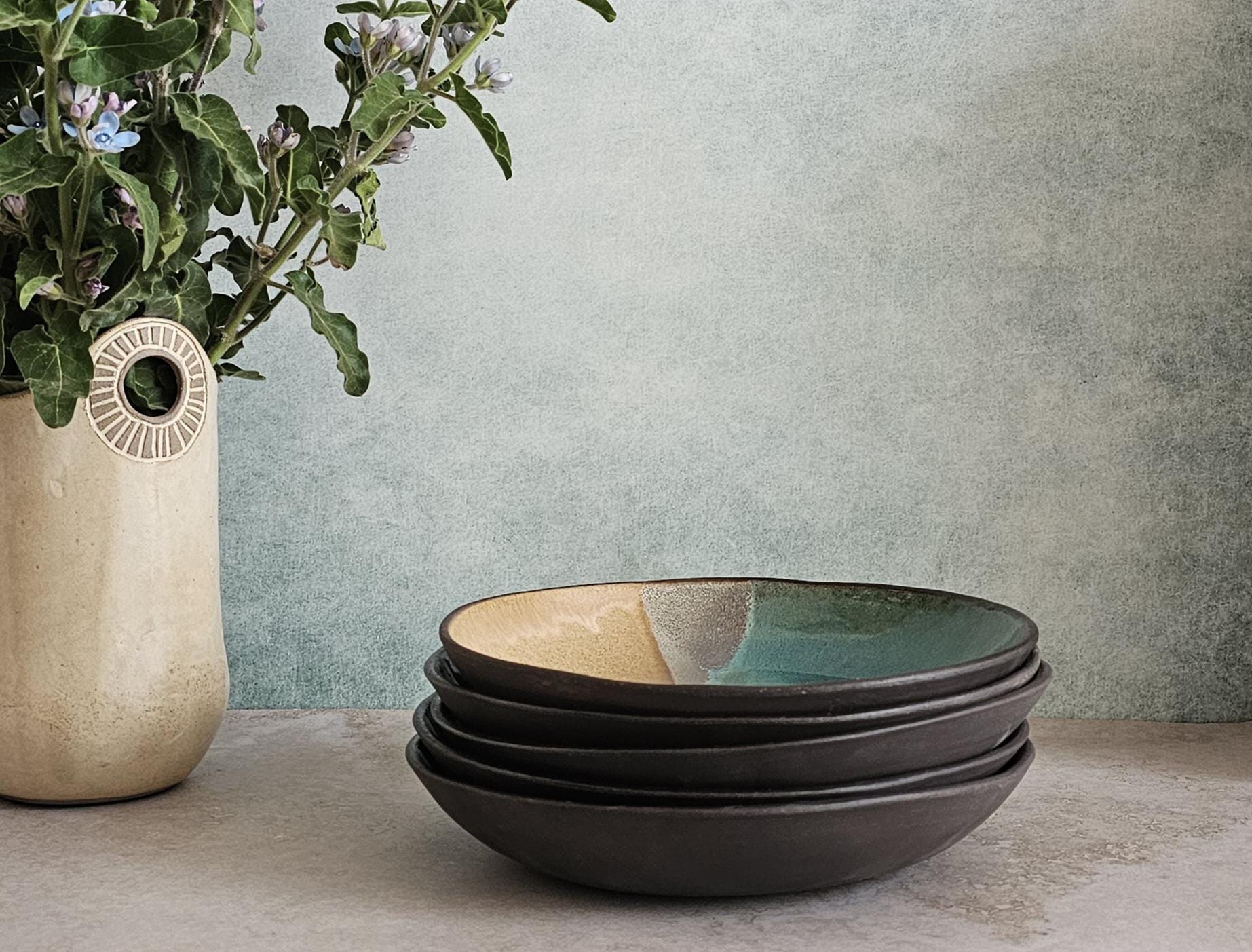 Handmade Ceramic Ramen Bowls: Beige & Turquoise Soup Bowls (Set of 2)
