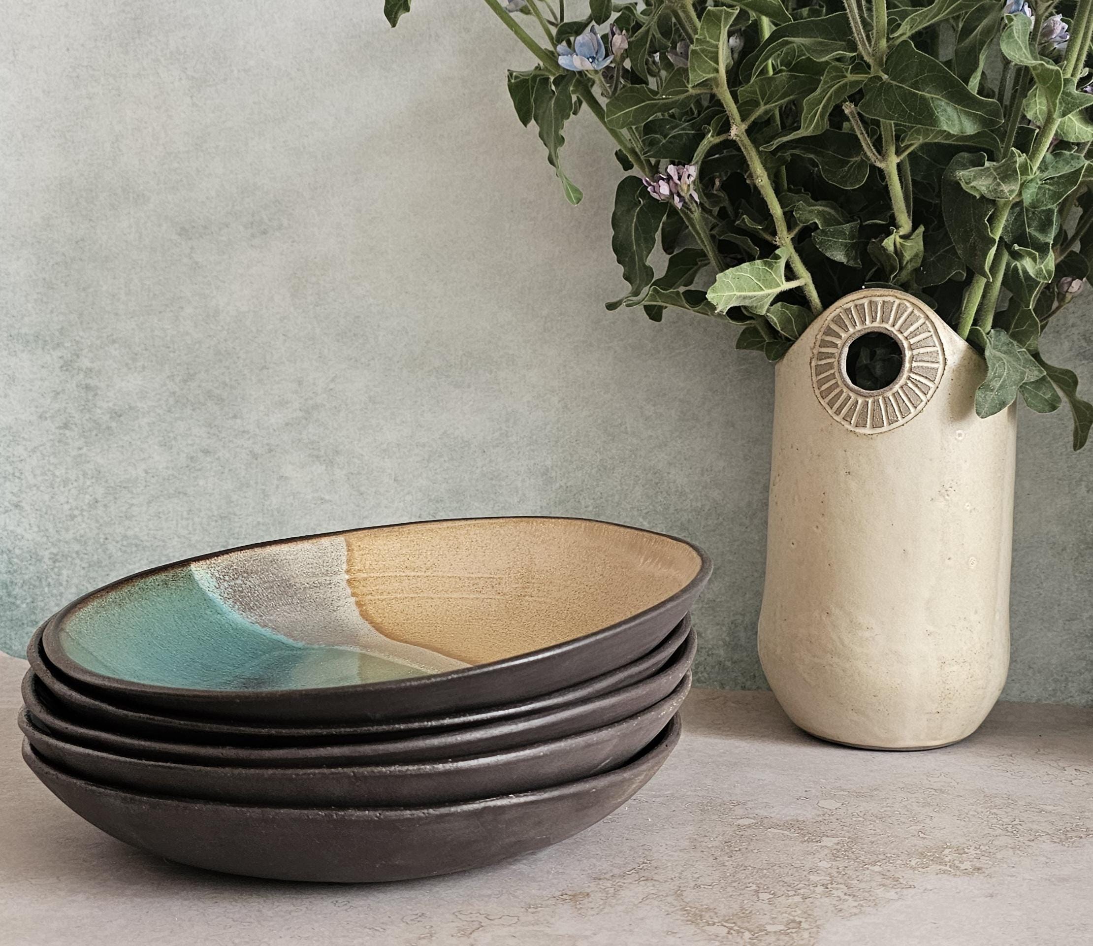 Handmade Ceramic Ramen Bowls: Beige & Turquoise Soup Bowls (Set of 2)