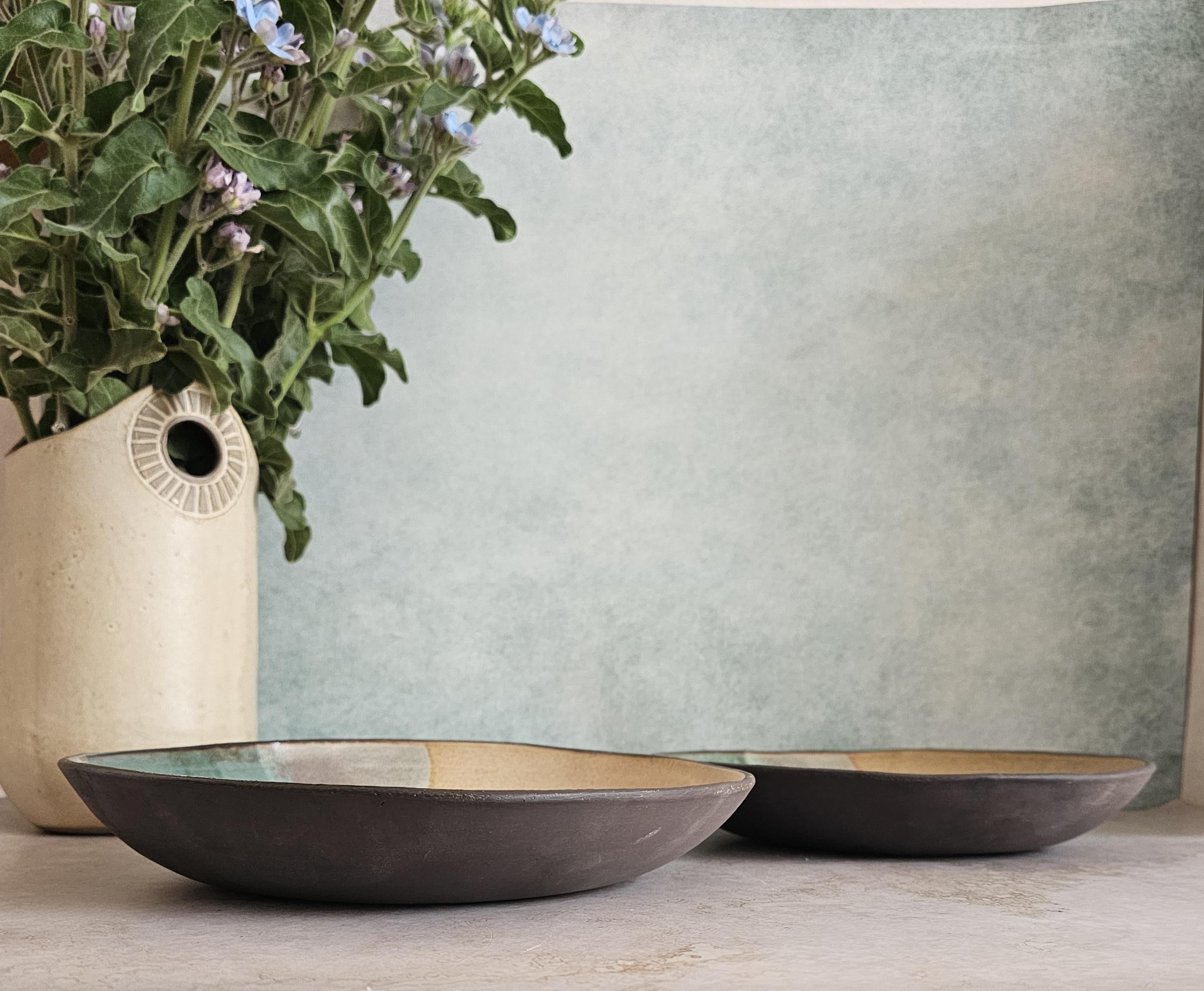 Handmade Ceramic Ramen Bowls: Beige & Turquoise Soup Bowls (Set of 2)