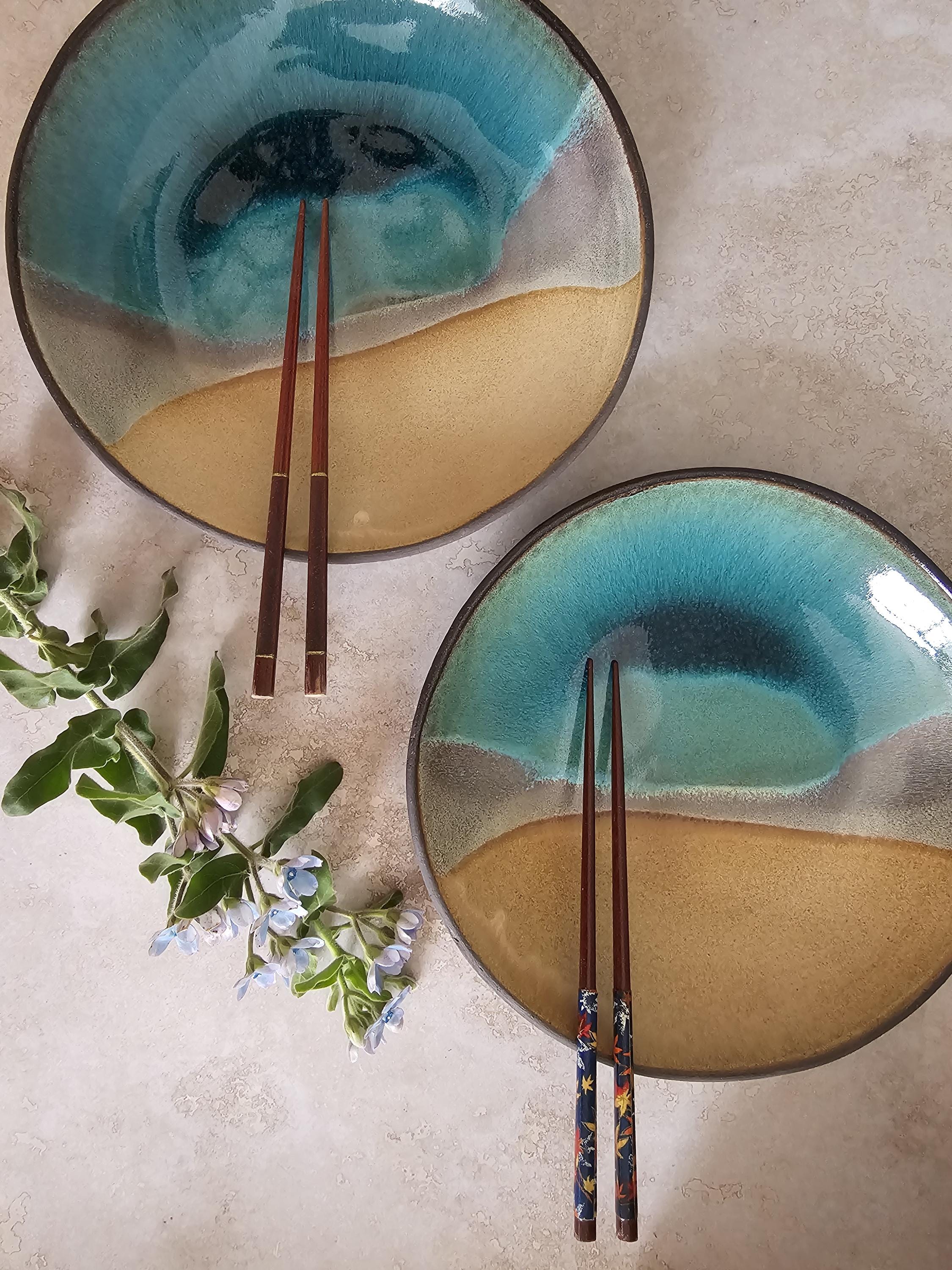Handmade Ceramic Ramen Bowls: Beige & Turquoise Soup Bowls (Set of 2)
