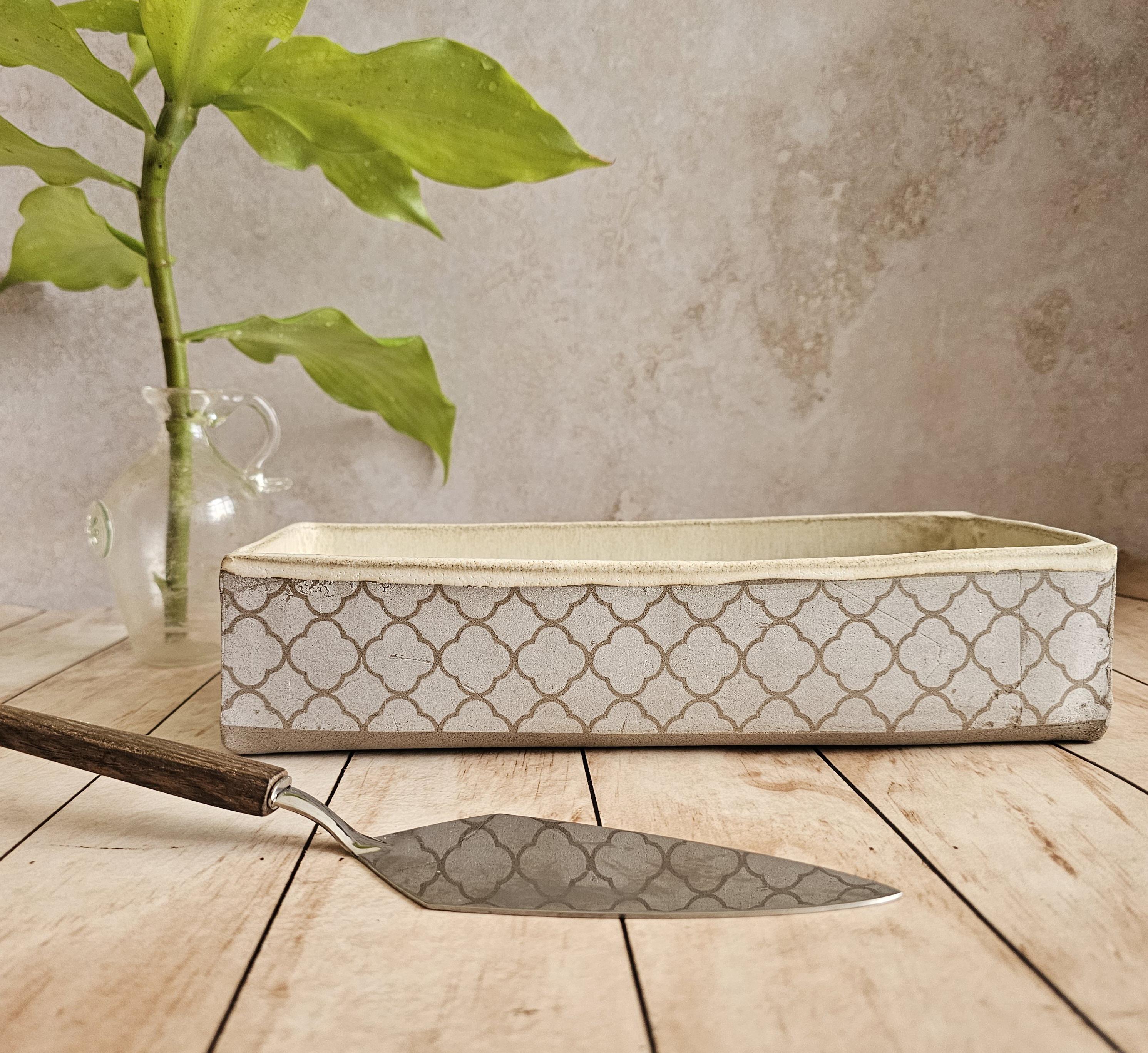 Handmade Ceramic Baking Dish: Rustic Pottery Serving Dish with white Print