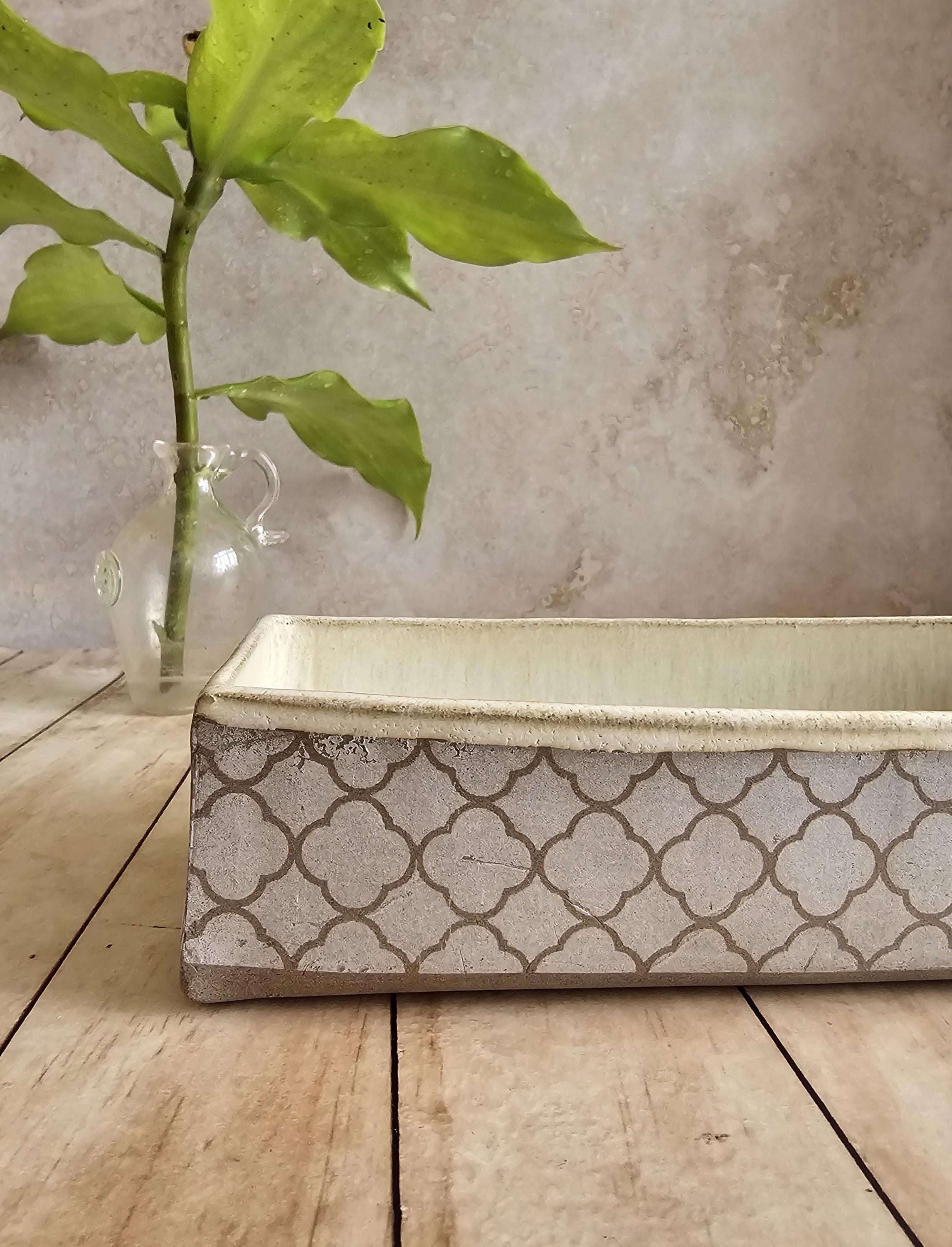 Handmade Ceramic Baking Dish: Rustic Pottery Serving Dish with white Print
