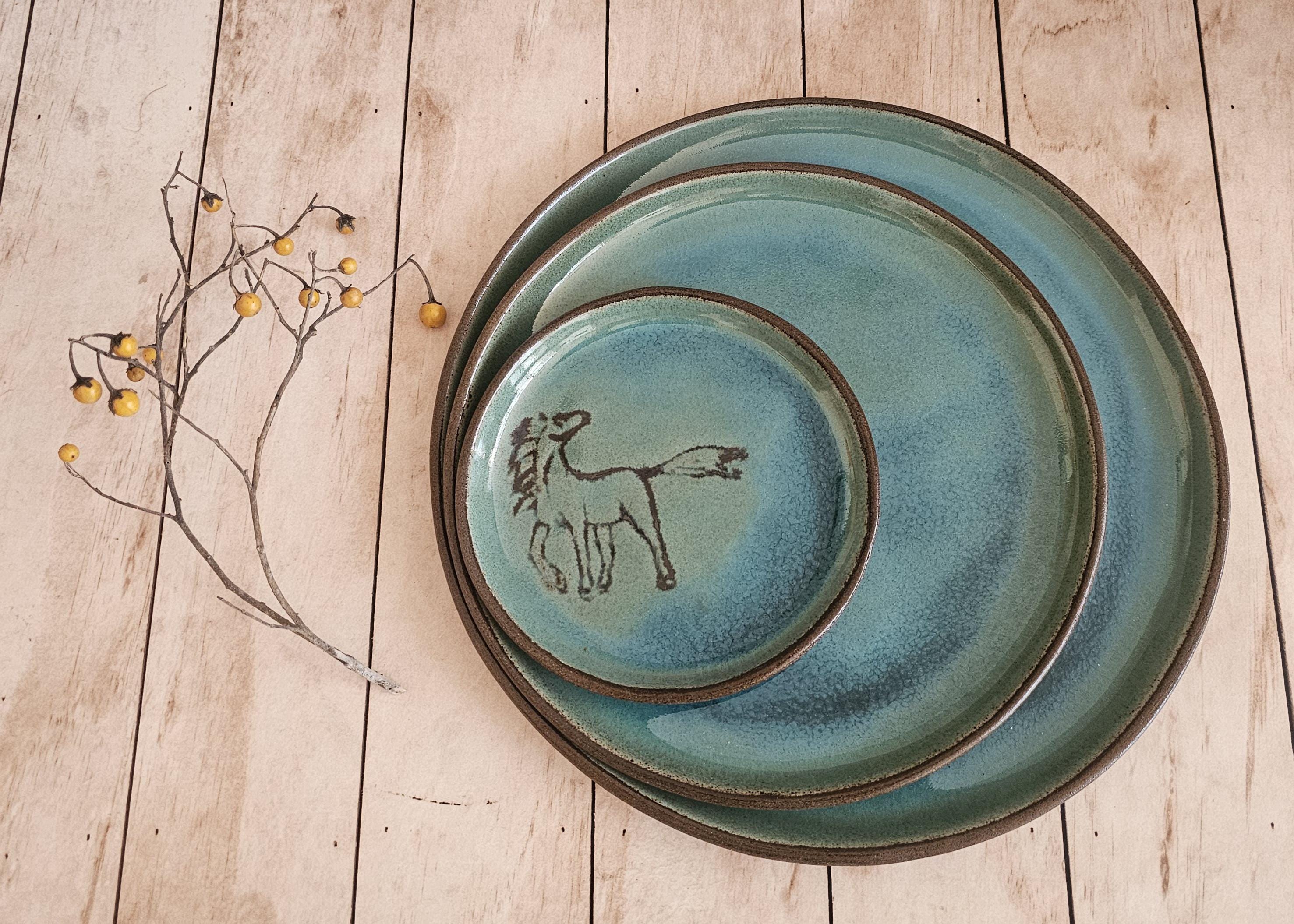 Turquoise Ceramic Plate Set: Handmade Pottery Serving Dish with Engraved Horses