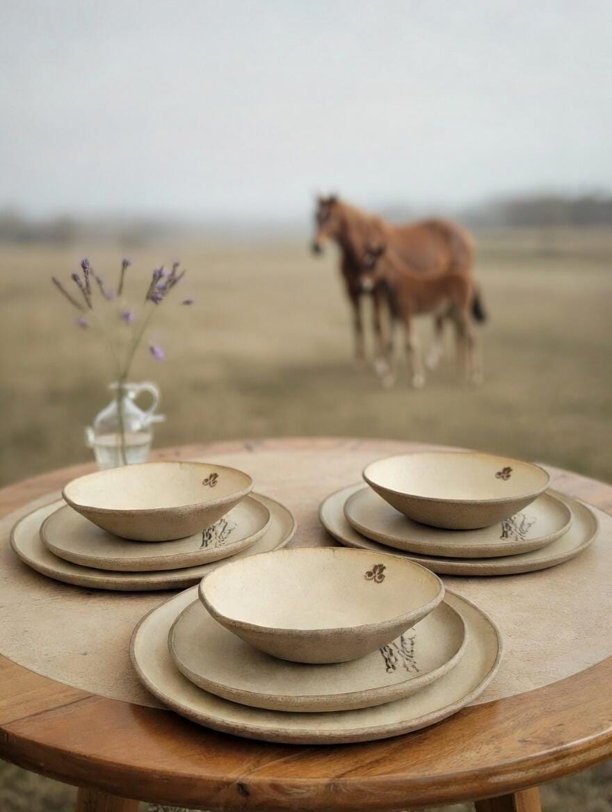 Handmade Ceramic Dinnerware Set: Horse Decorations, Unique pottery, Rustic style