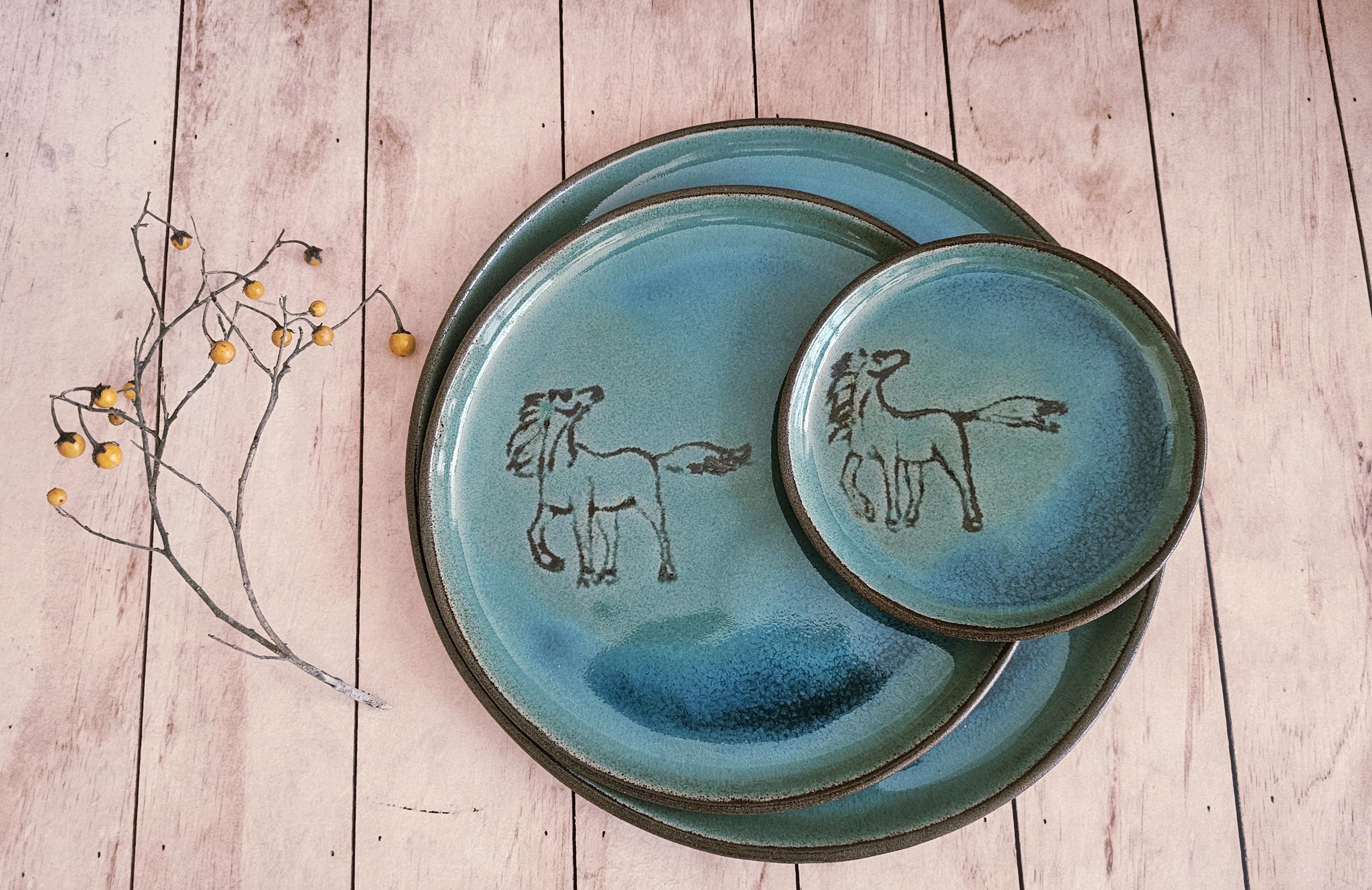 Turquoise Ceramic Plates (Set of 2): Engraved Horse Decoration