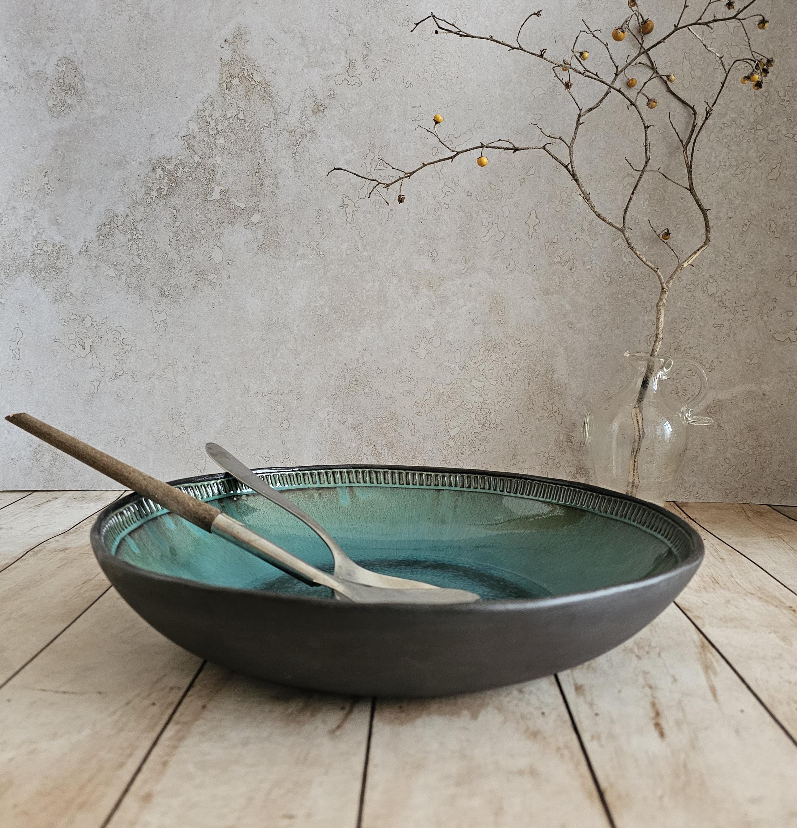 Large Ceramic Serving Bowl: Turquoise Glaze, Hand-Painted Engraved Decor