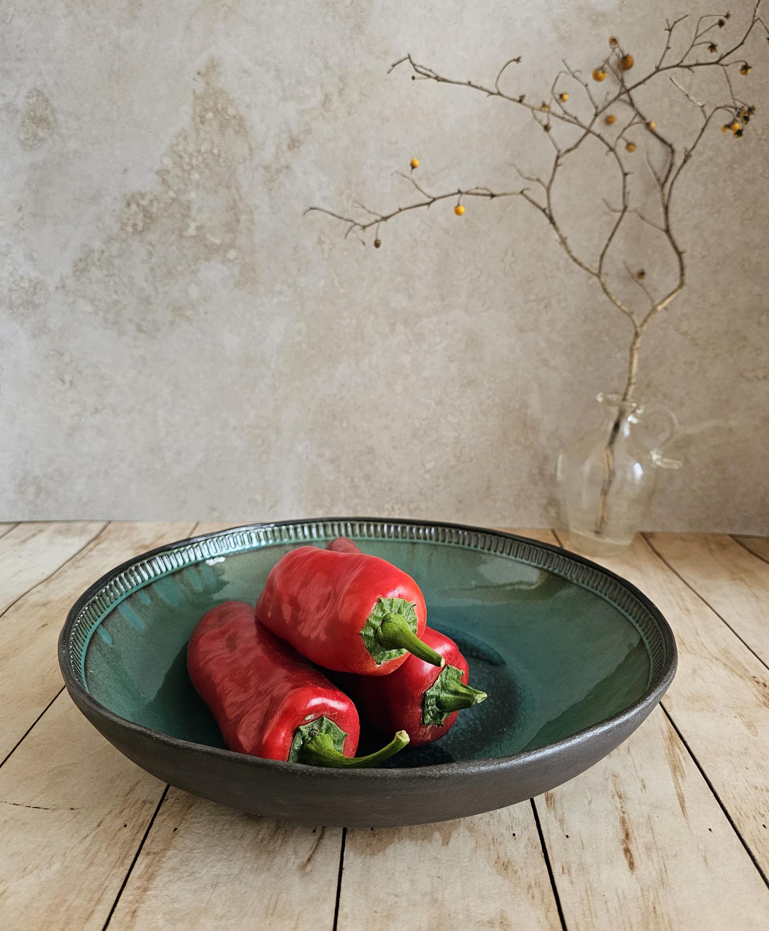 Large Ceramic Serving Bowl: Turquoise Glaze, Hand-Painted Engraved Decor