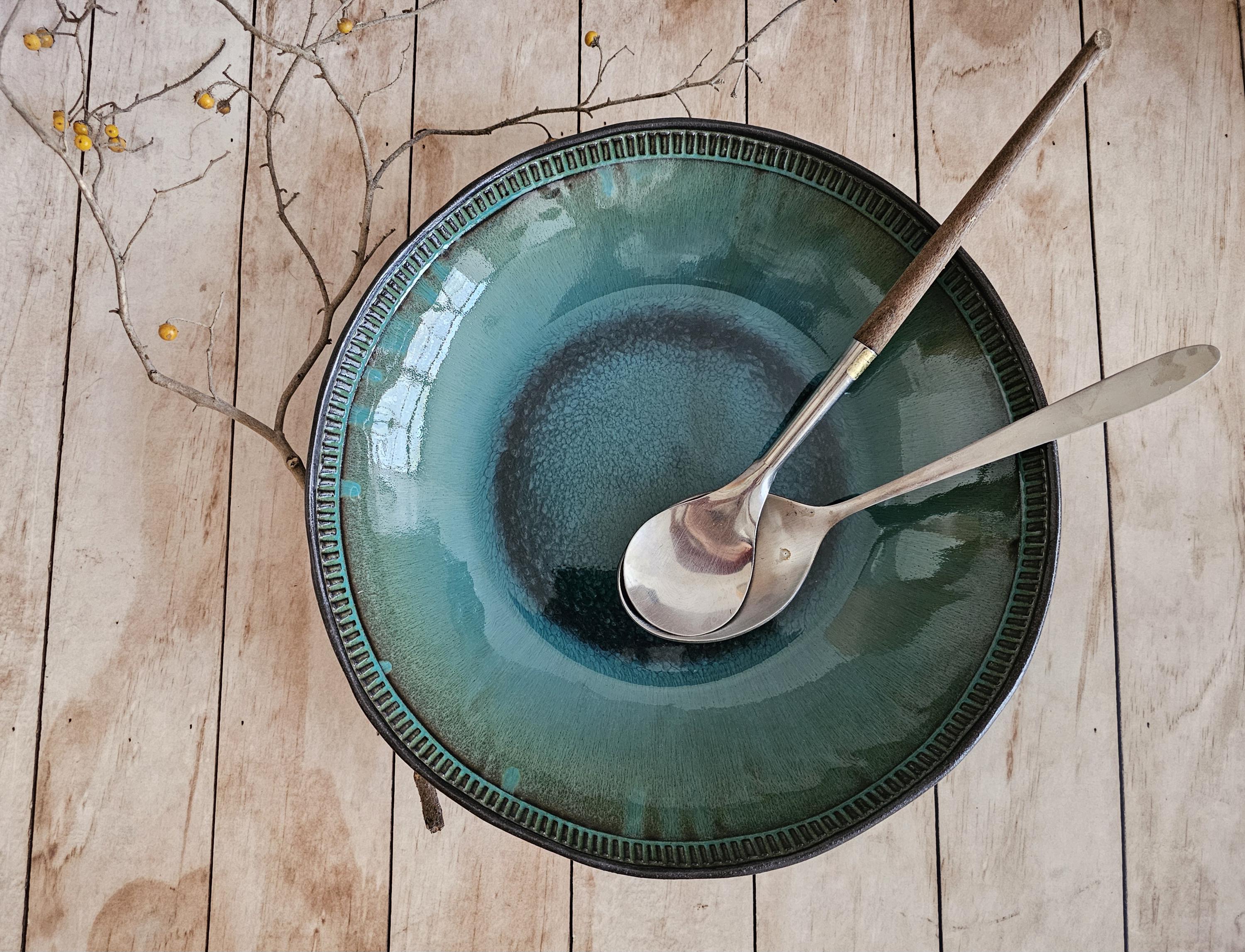 Large Ceramic Serving Bowl: Turquoise Glaze, Hand-Painted Engraved Decor